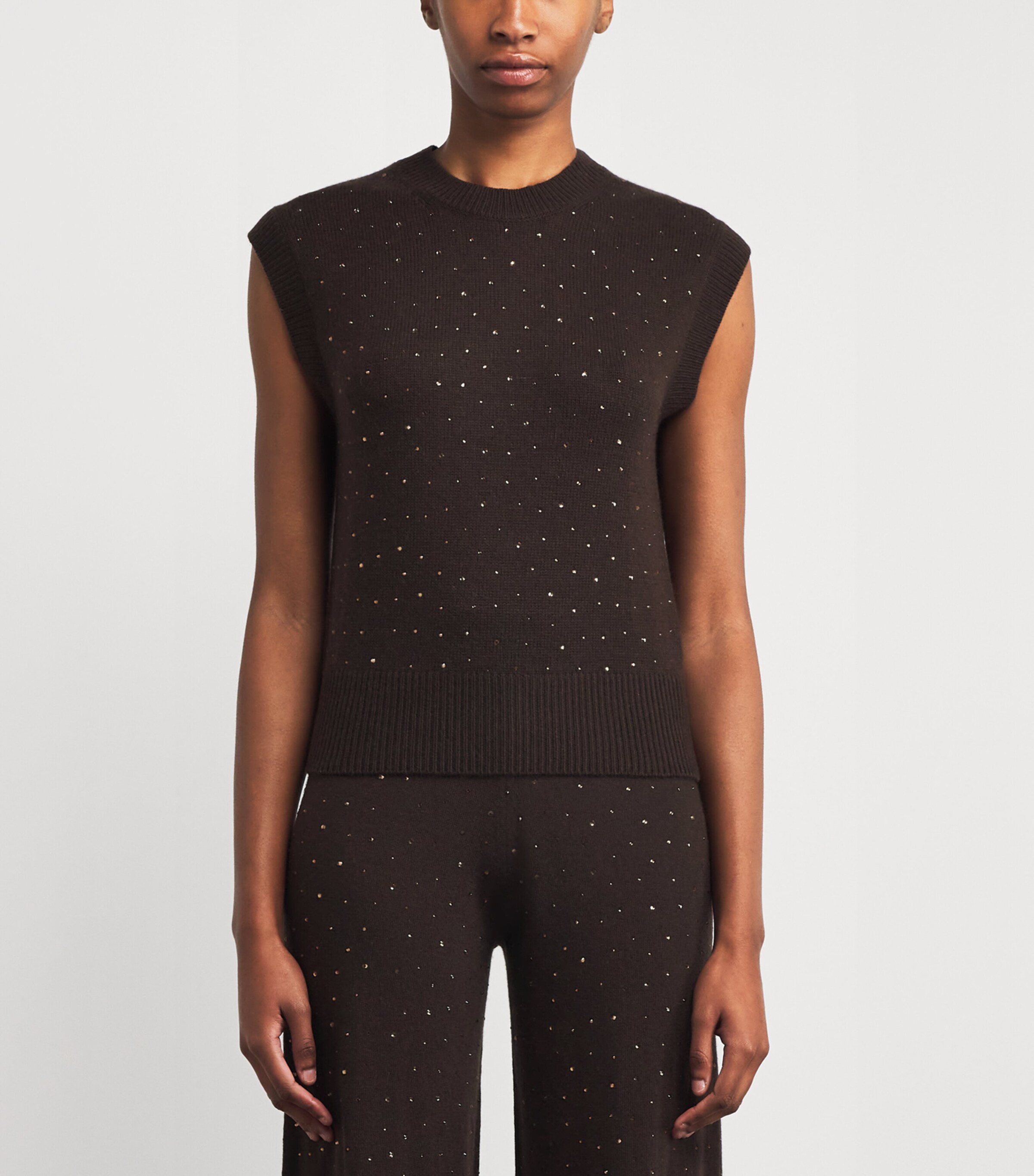 Allude Womens Wool-Cashmere Embellished Sleeveless Sweater Chocolate Image 3
