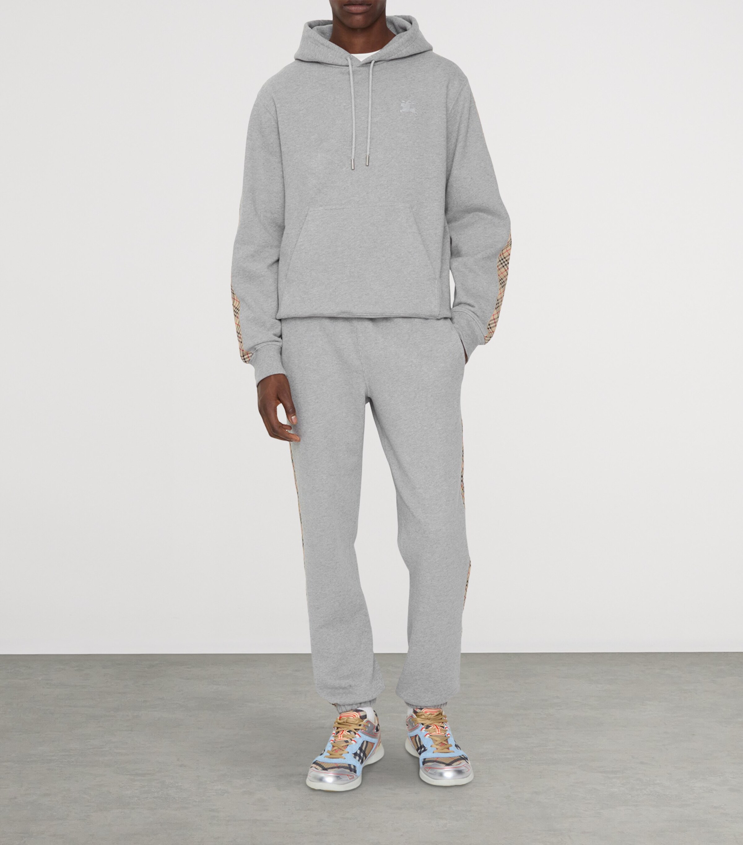 Cotton Check-Stripe Slim Sweatpants PALE GREY MELANGE Image 2