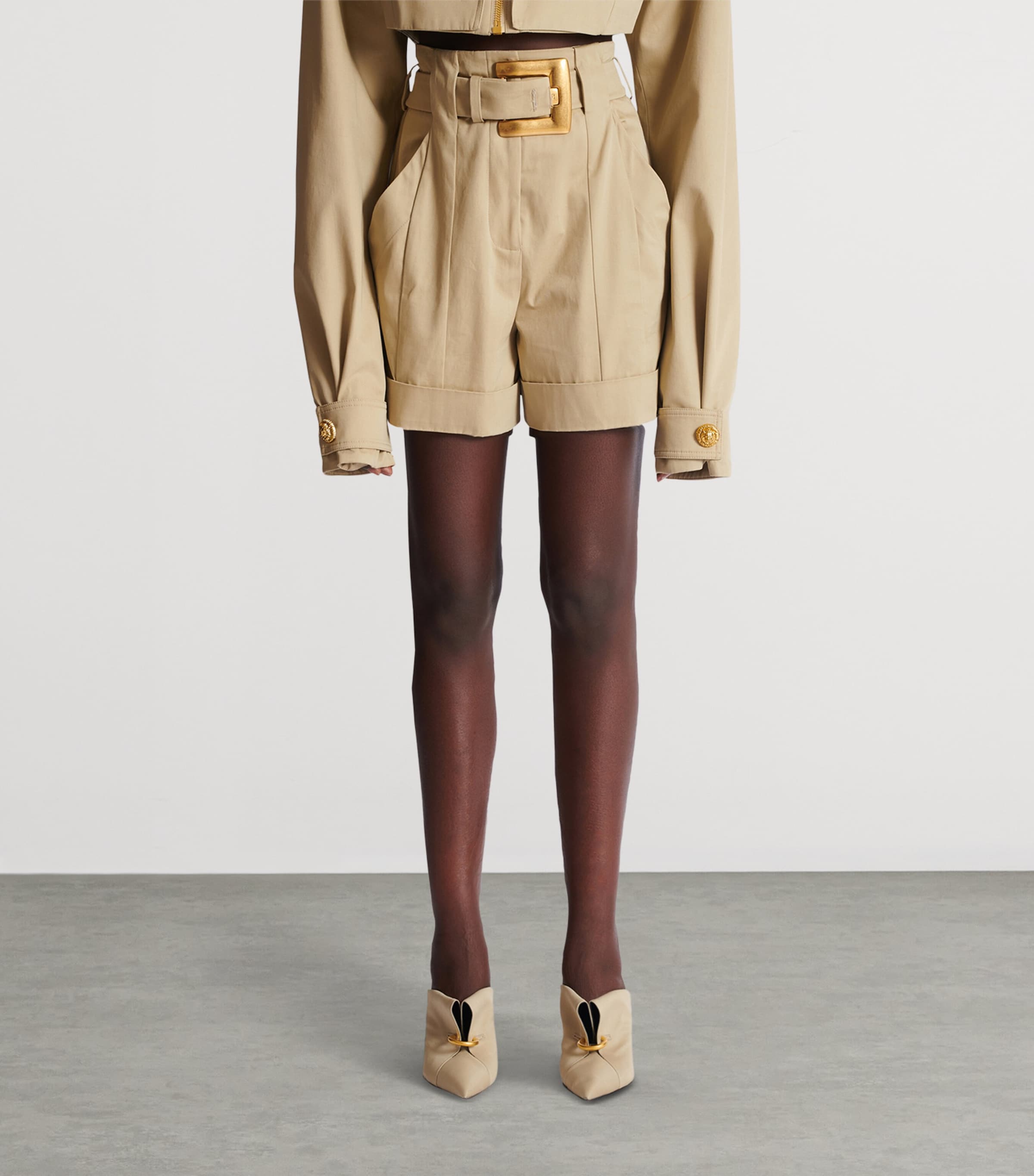 Balmain Womens Cotton Gabardine Belted Shorts Sable Image 4