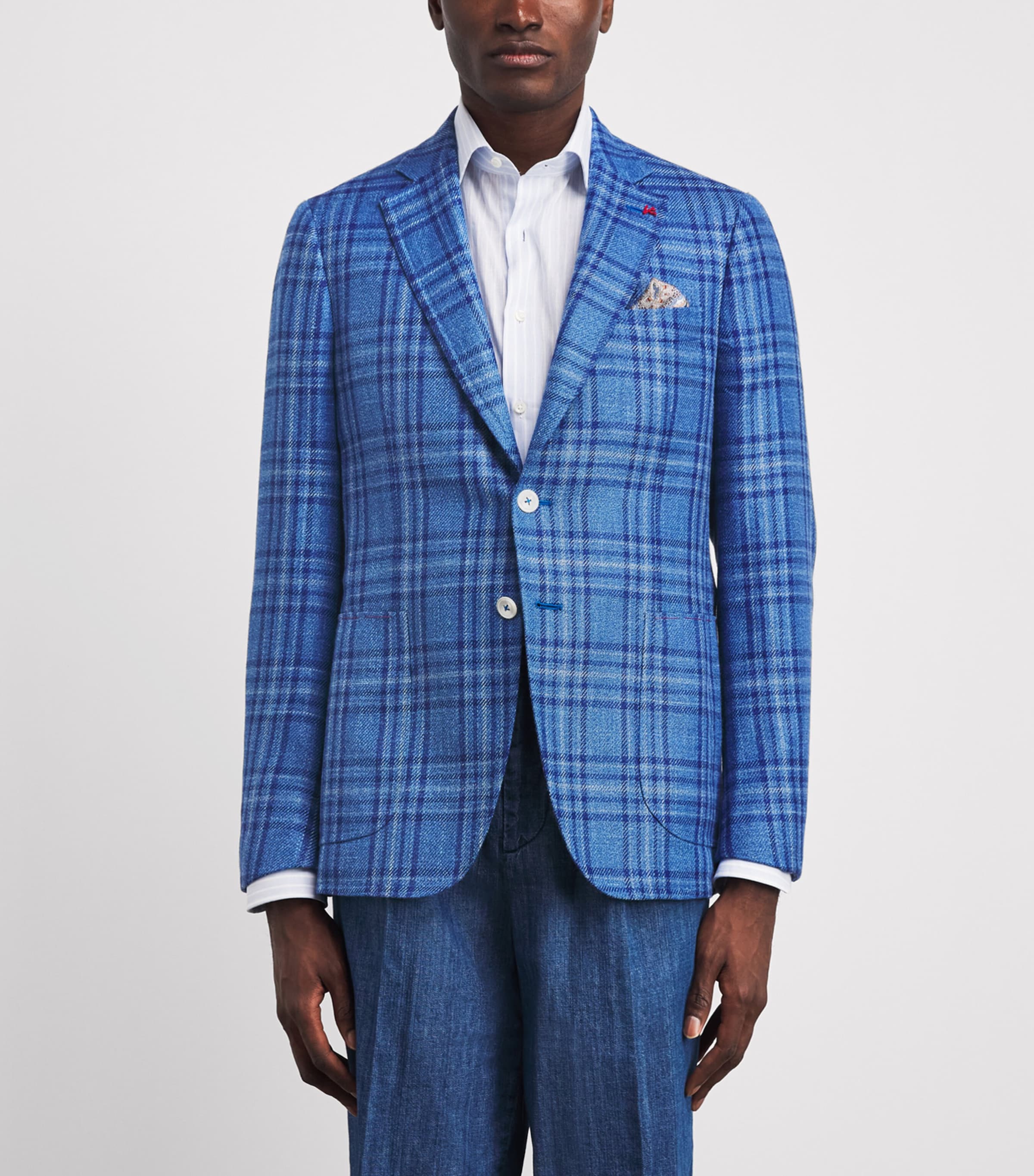 Isaia Mens Wool-Silk-Linen Check Blazer Image 4