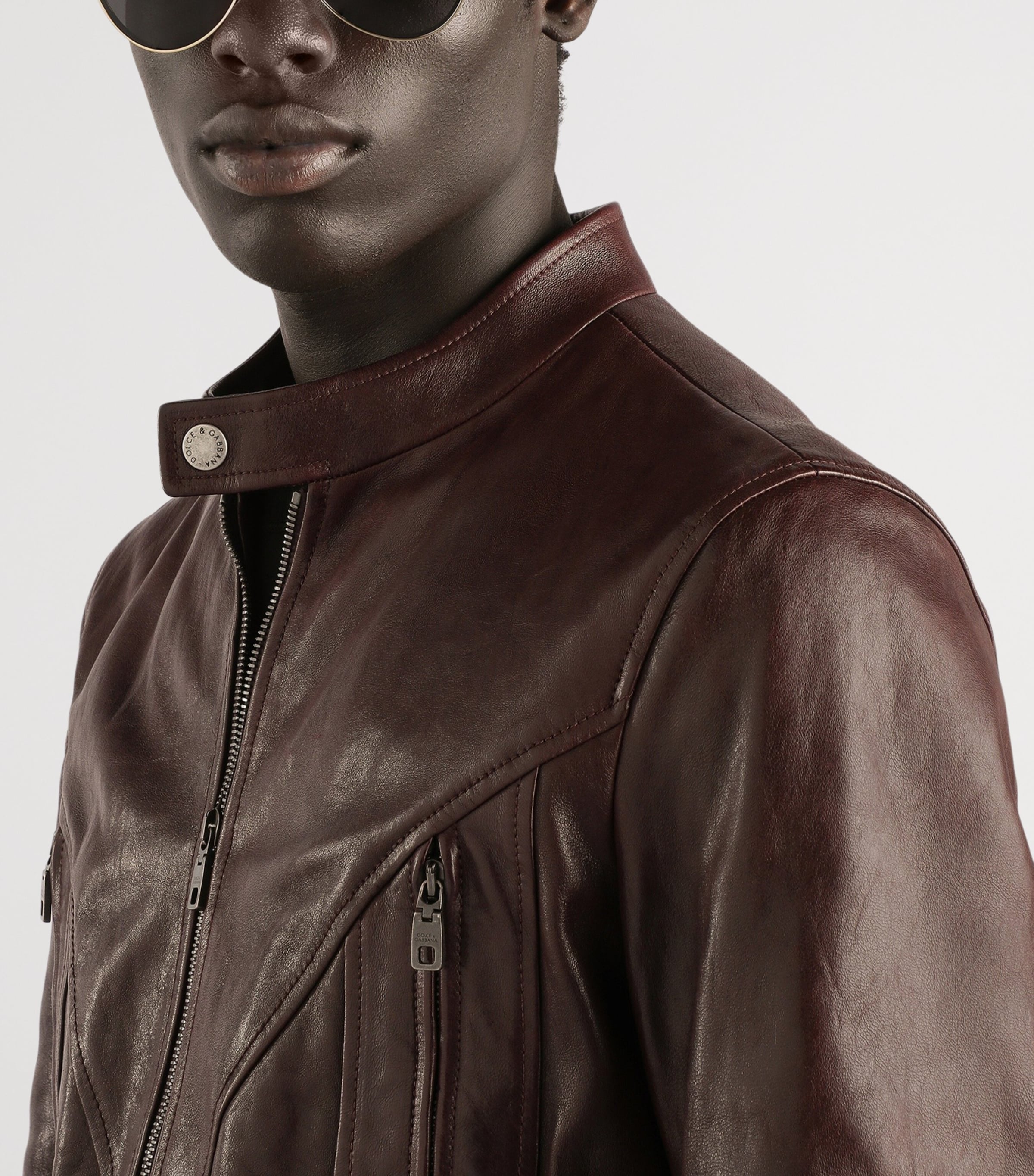 Dolce&Gabbana Mens Leather Moto Jacket Indigo Image 4