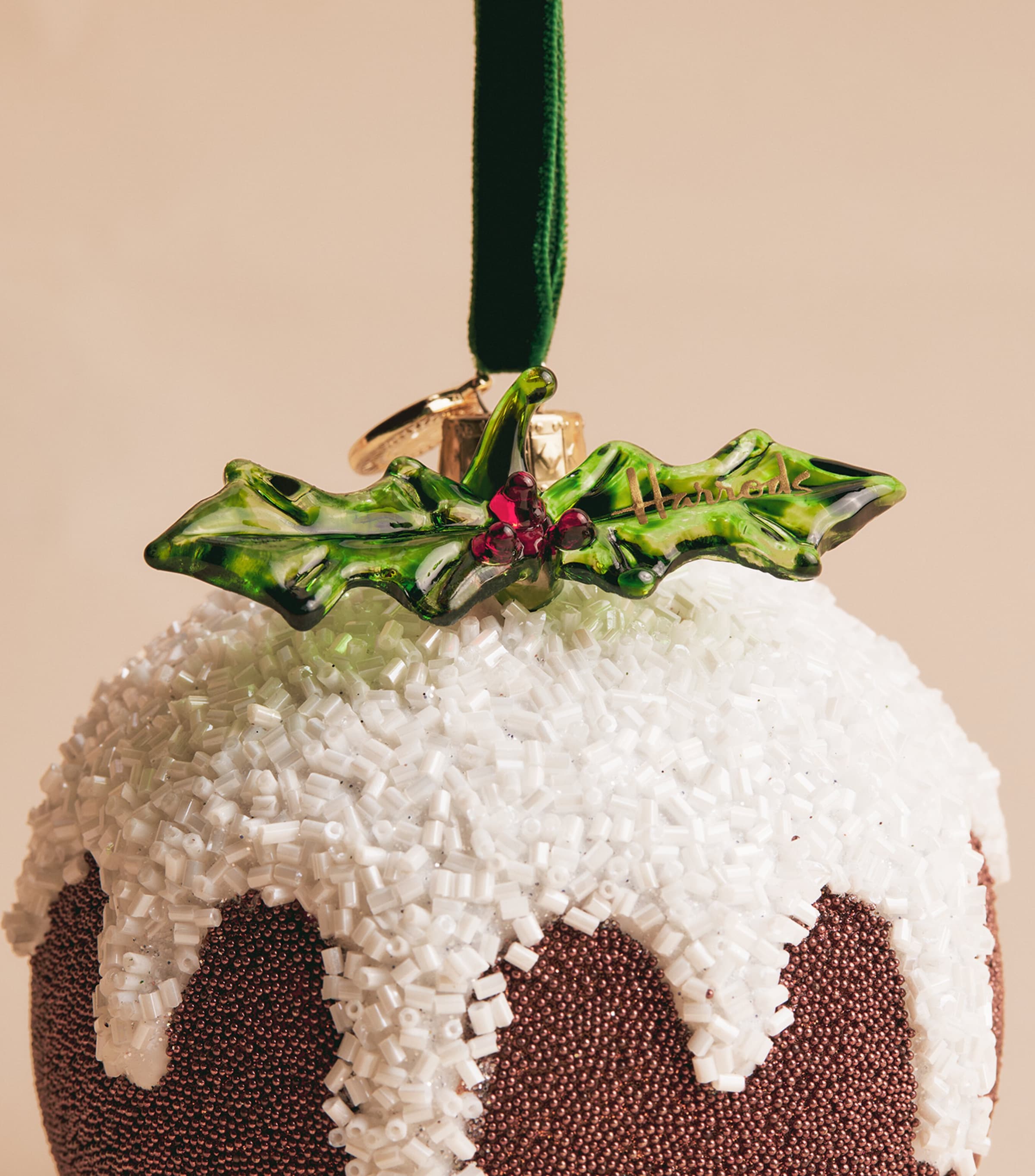 Harrods Beaded Christmas Pudding Bauble Brown Image 2