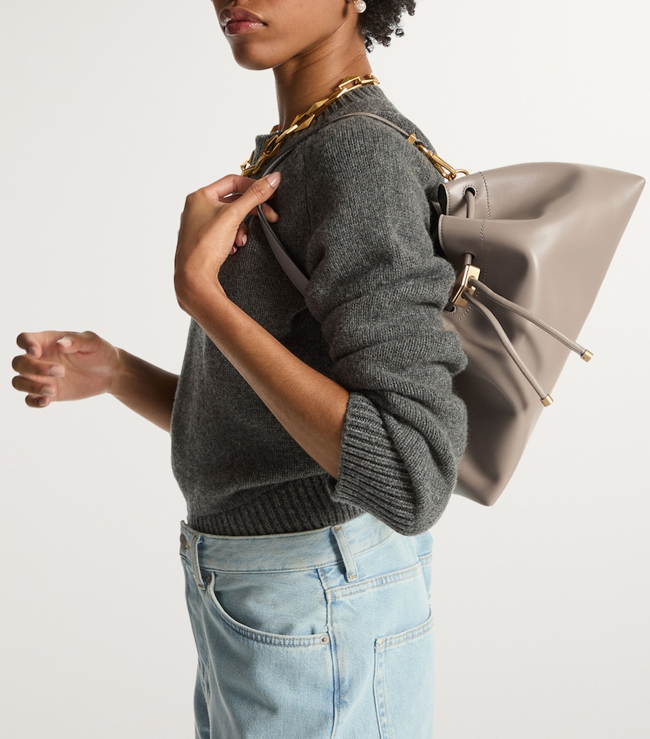 Medium Leather Cinch Shoulder Bag TAUPE/GOLD Image 6