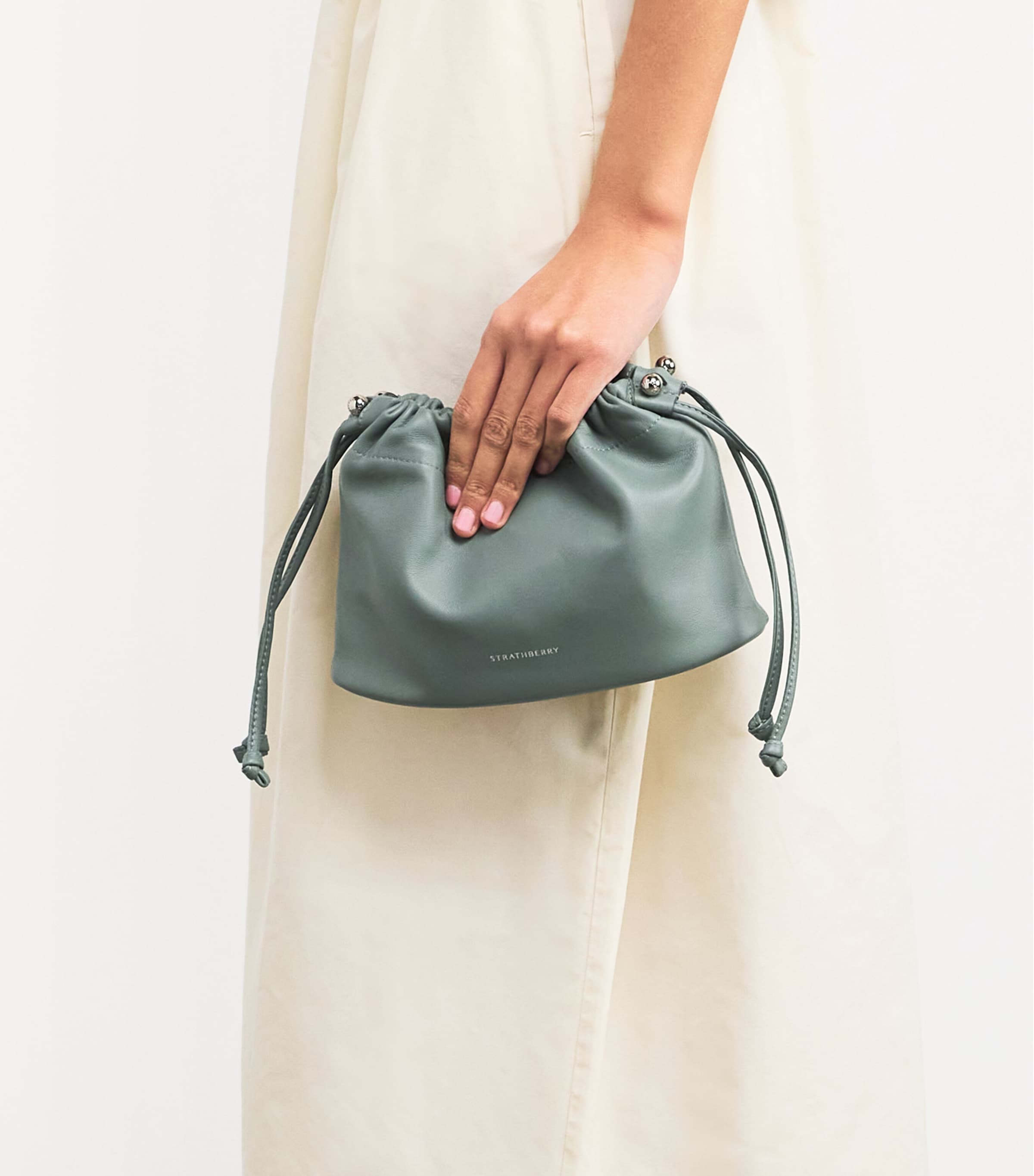 Strathberry Leather Drawstring Charlotte Clutch Bag Stone Blue Image 2