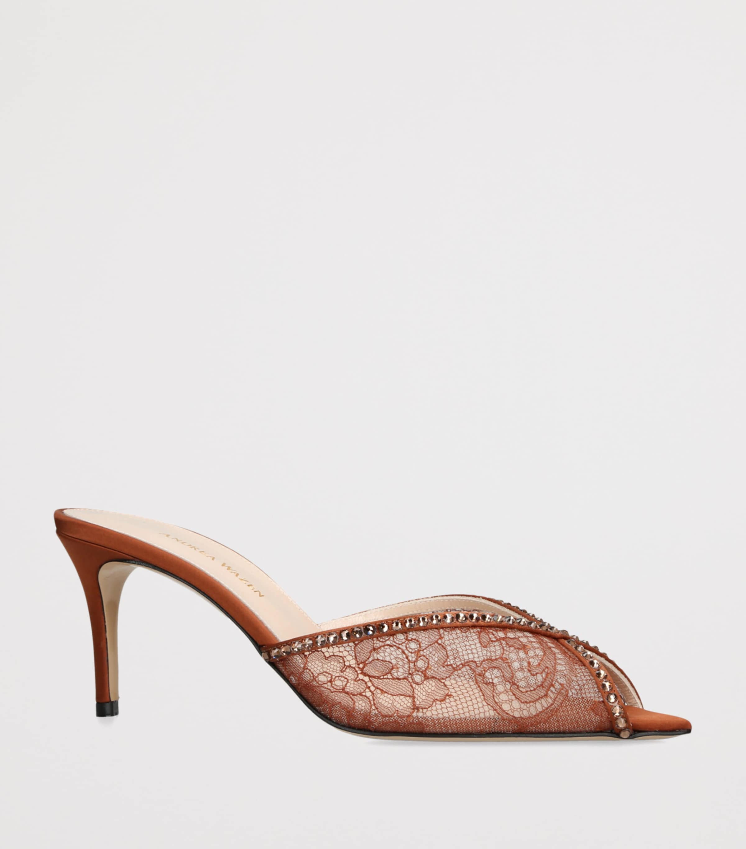 Andrea Wazen Embellished Lace Katy Heeled Mules 75 Brown Image 3