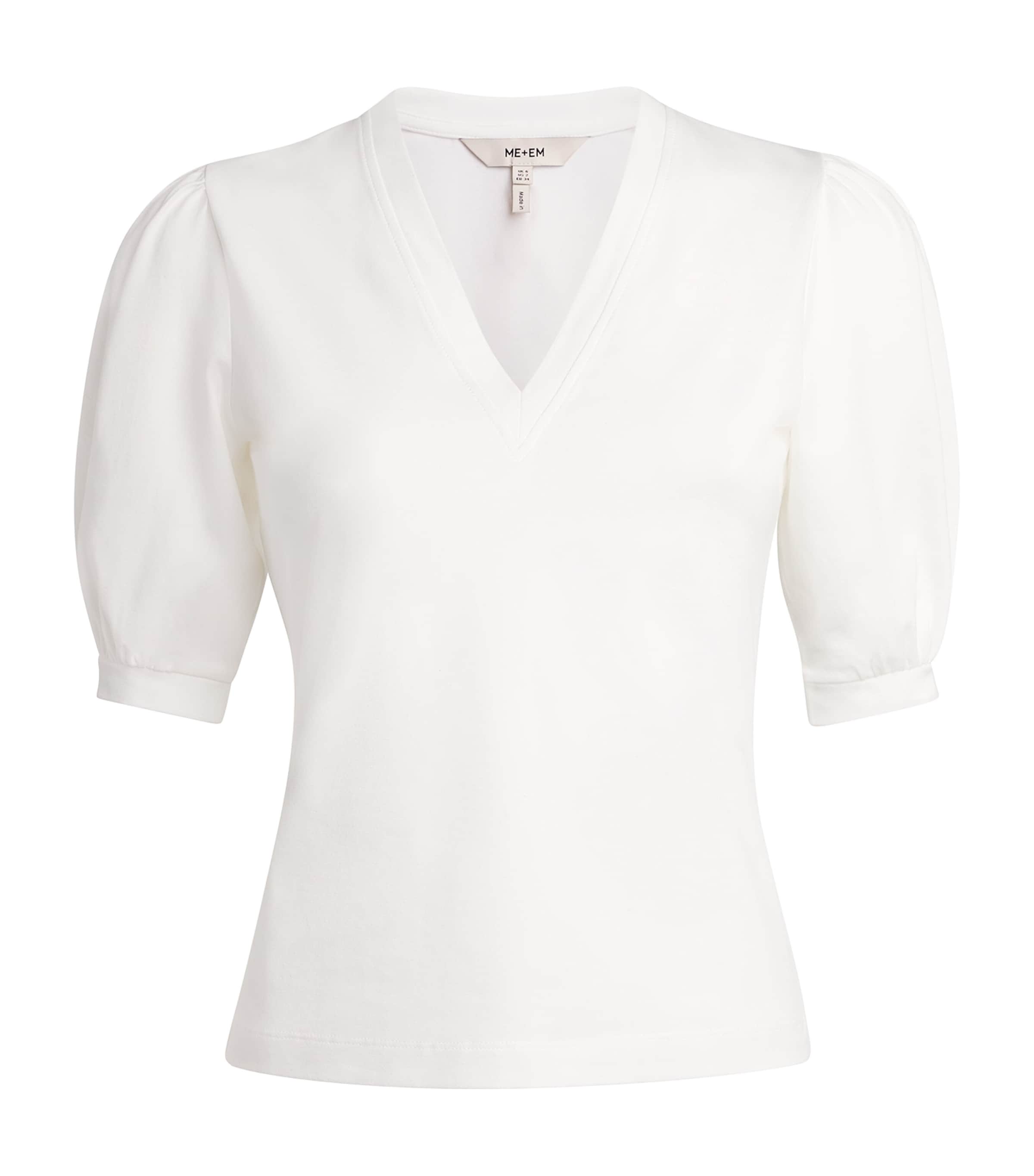 ME+EM Womens Stretch-Cotton Pouf-Sleeve T-Shirt Soft White Image 1