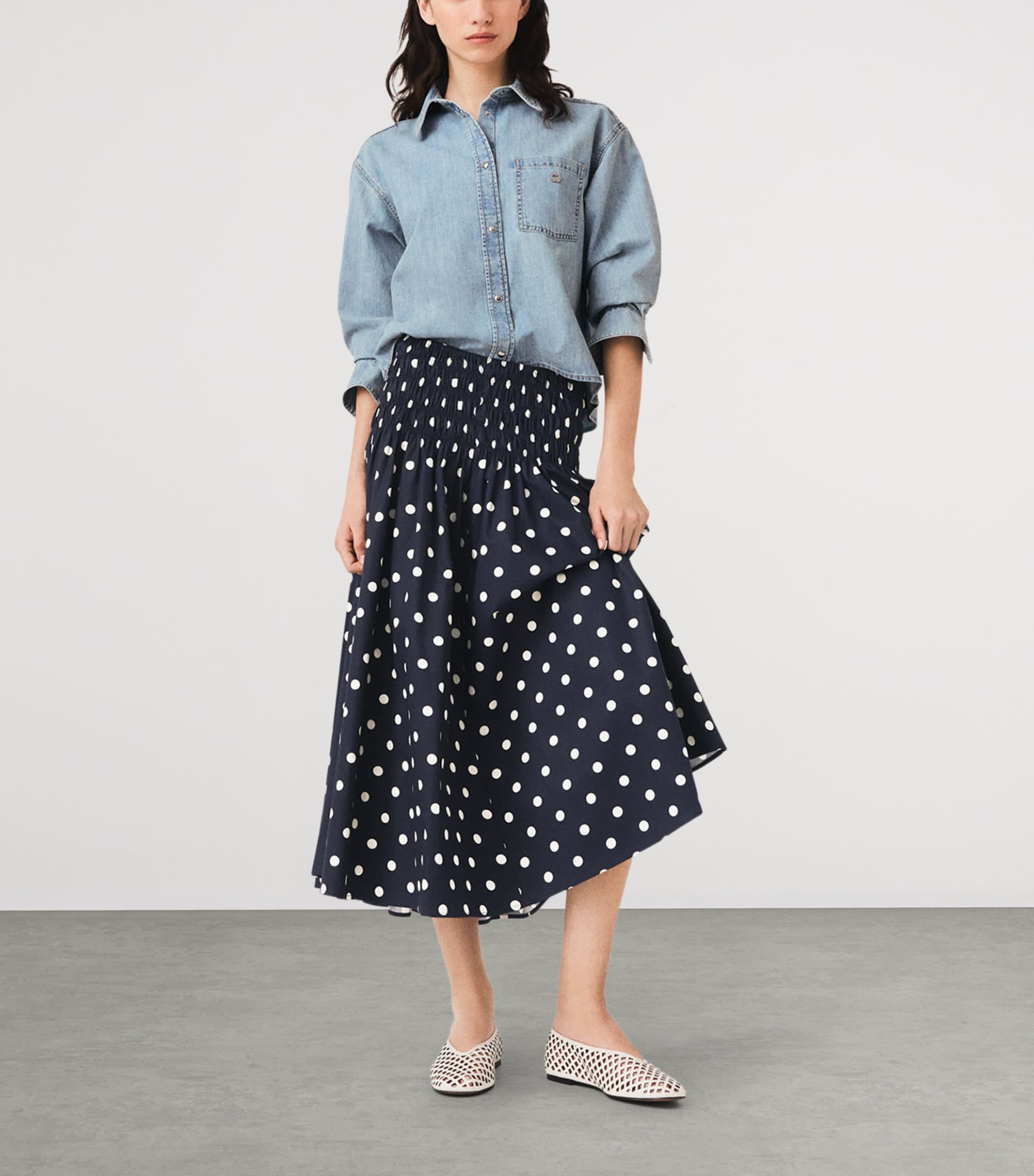 Maje Womens Cotton Polka-Dot Maxi Skirt Navy Dots Print Image 2
