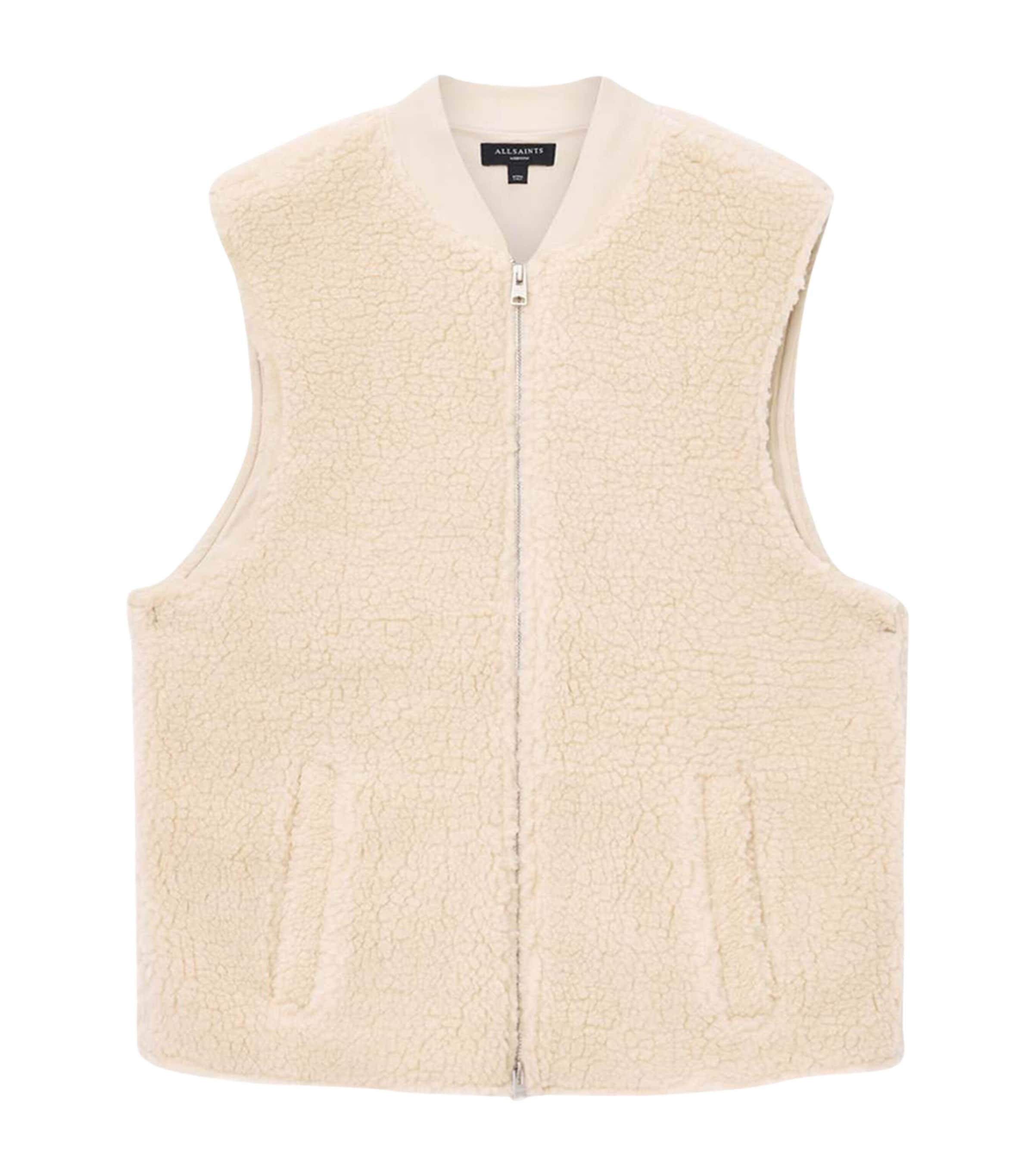 Allsaints Mens Bone White Otis Ribbed-collar Sherpa Gilet Xl In White