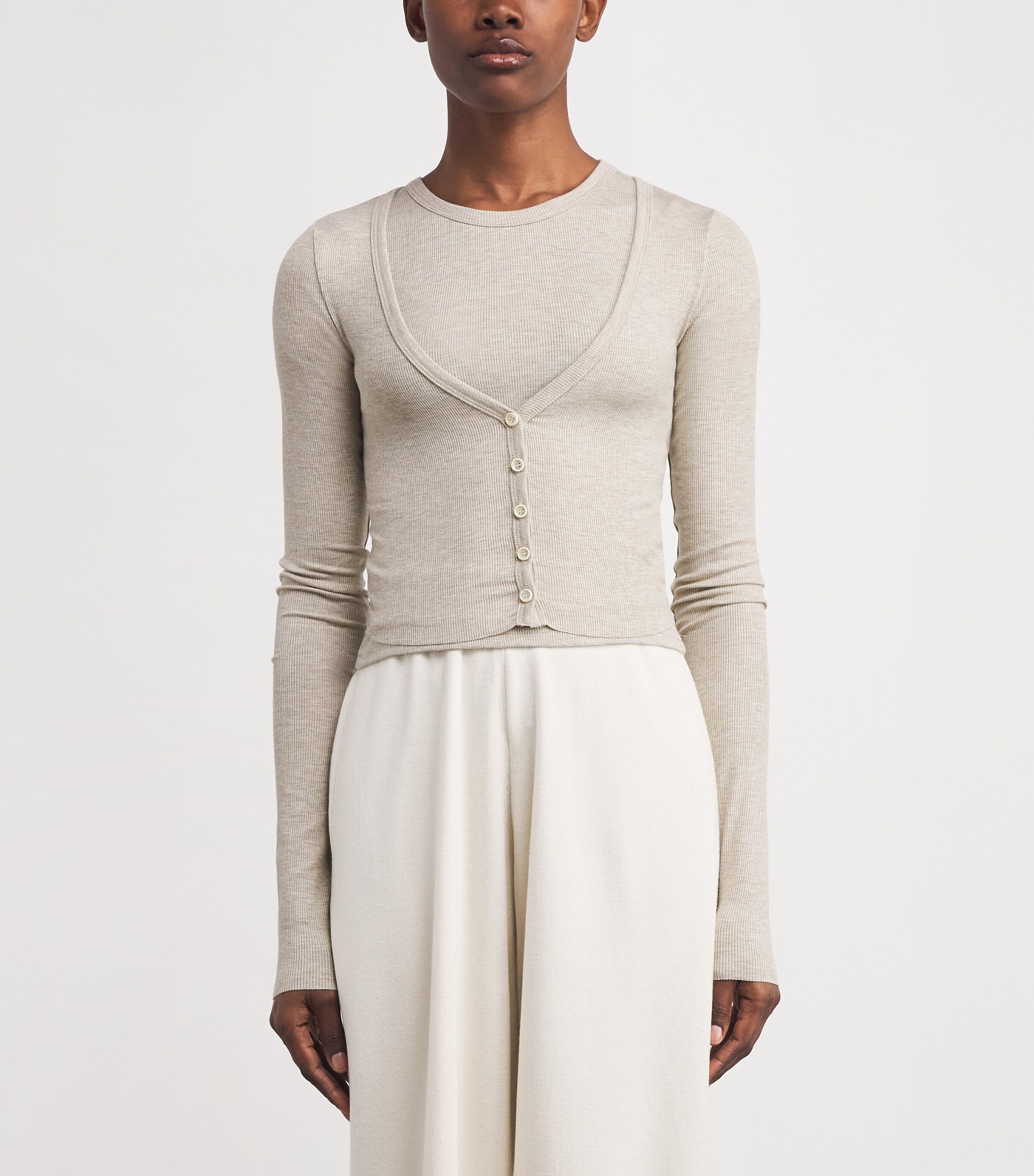 ÉTERNE Womens Ribbed Cropped V-Neck Cardigan Hoat Heather Oatmeal Image 3