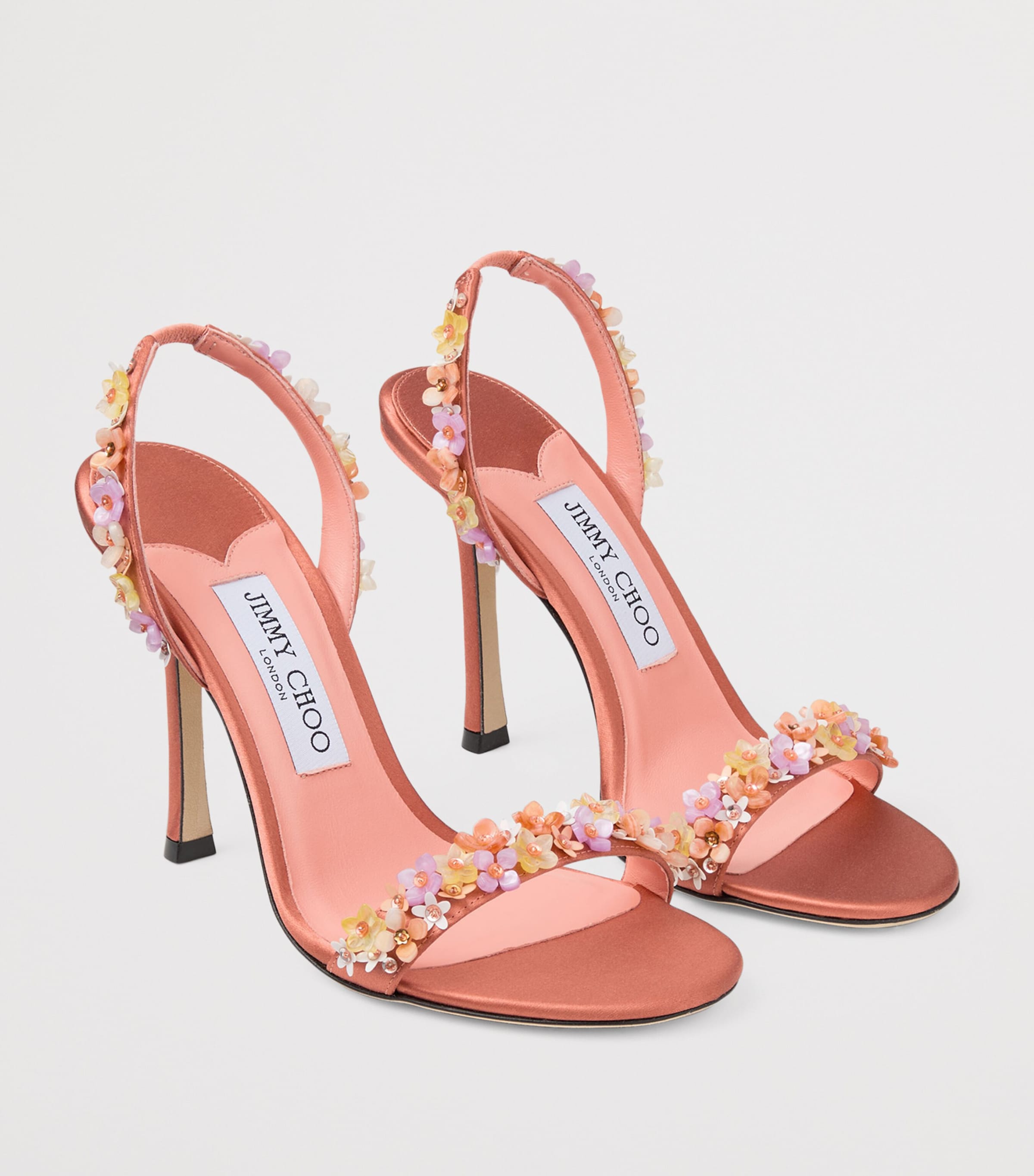 Jimmy Choo Jenn 100 Floral-Embellished Satin Heeled Sandals Grapefruit/multi Image 3