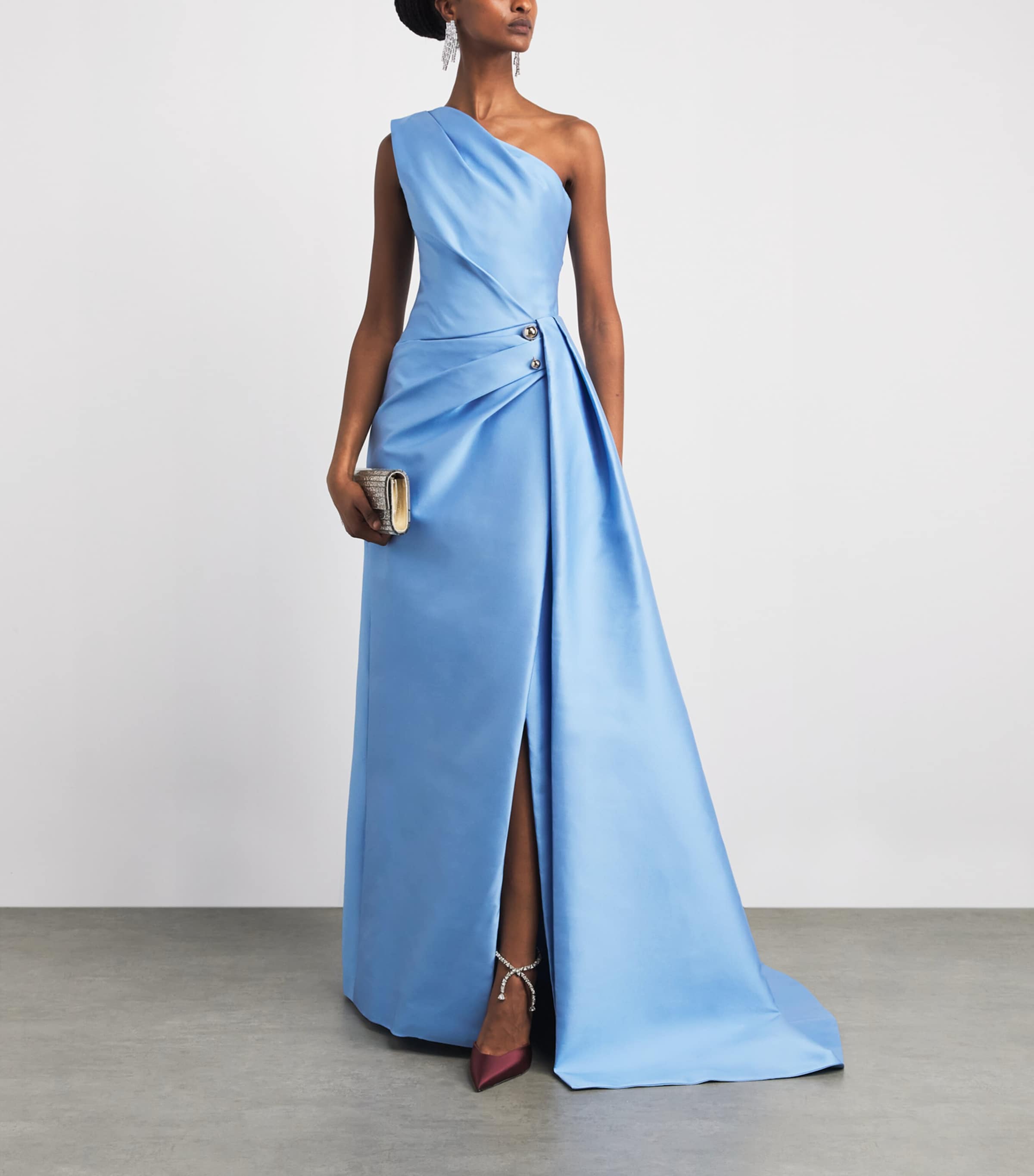 Monique Lhuillier Womens Mikado One-Shoulder Gown Bluebelle Image 2
