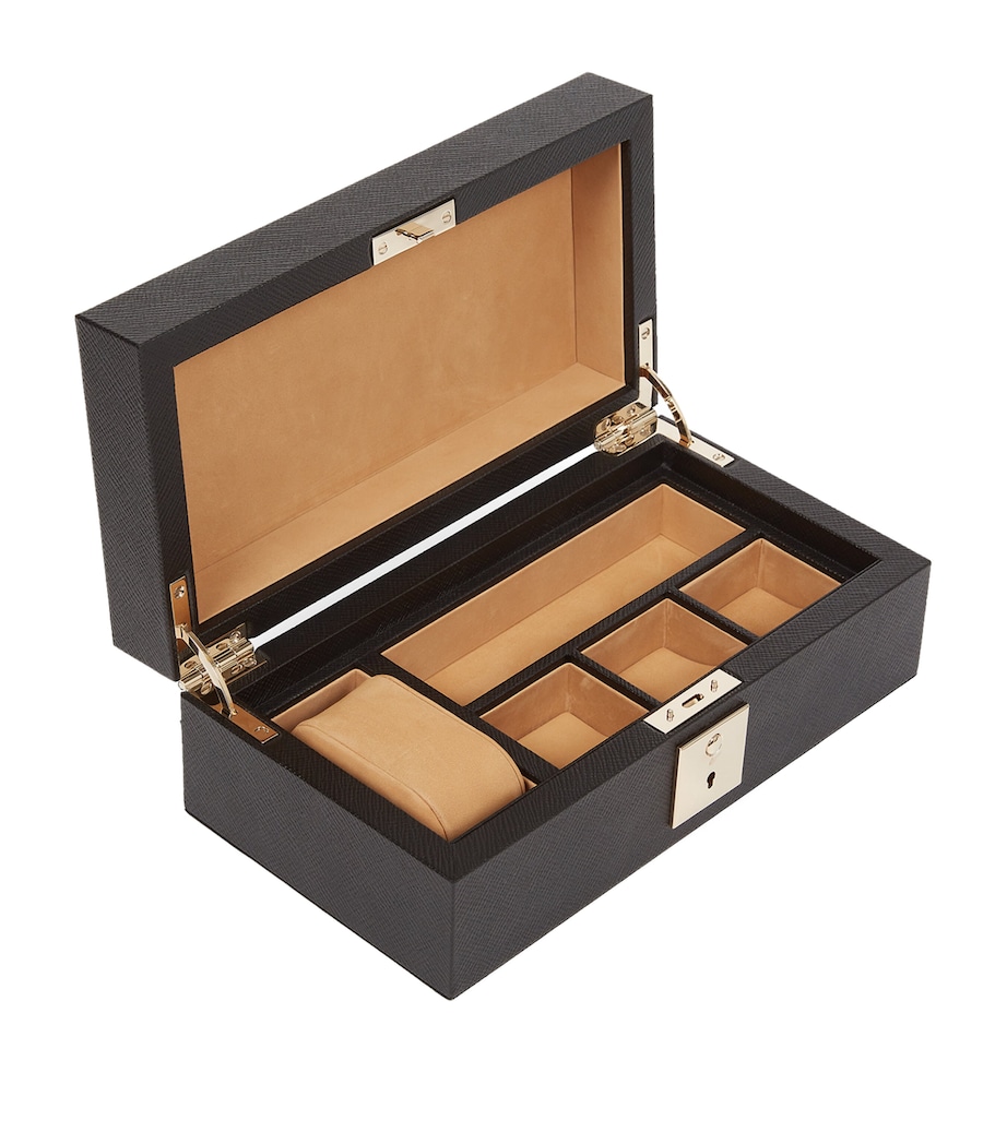 Leather Panama Watch and Cufflinks Case BLACK Image 3