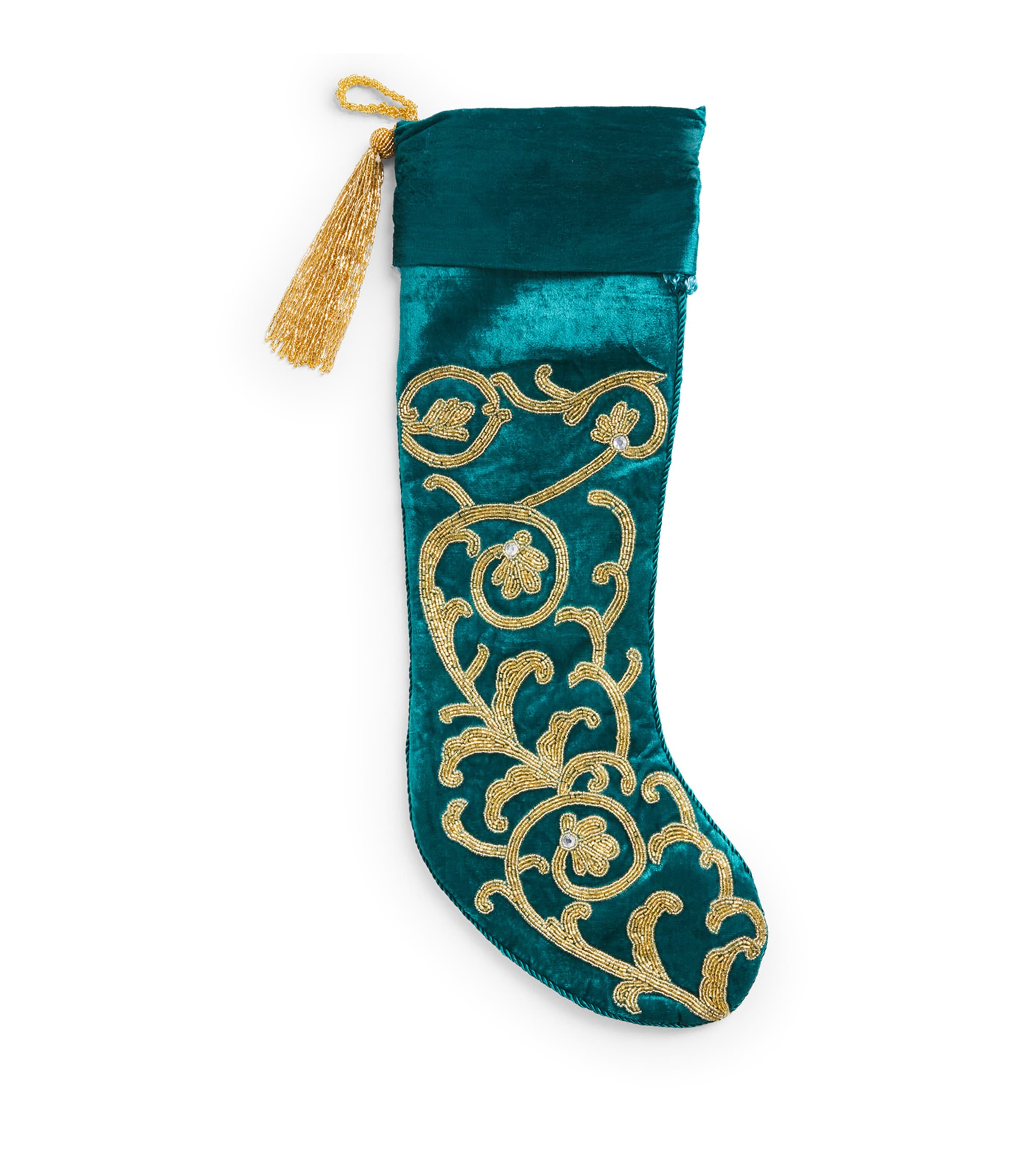 Harrods Velvet Bead-Embellished Stocking Turquoise/gold Image 1