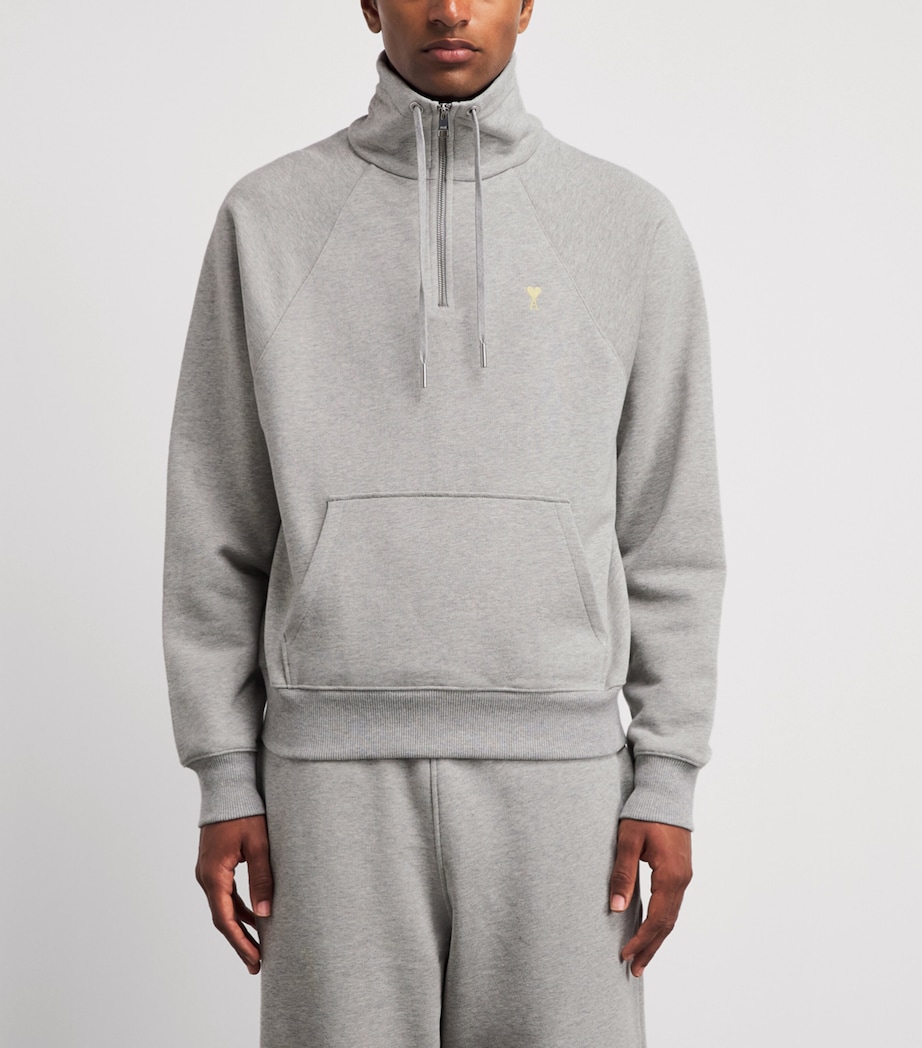 AMI Paris Mens Cotton Logo Quarter-Zip Sweatshirt Gris Chine Clair Image 4