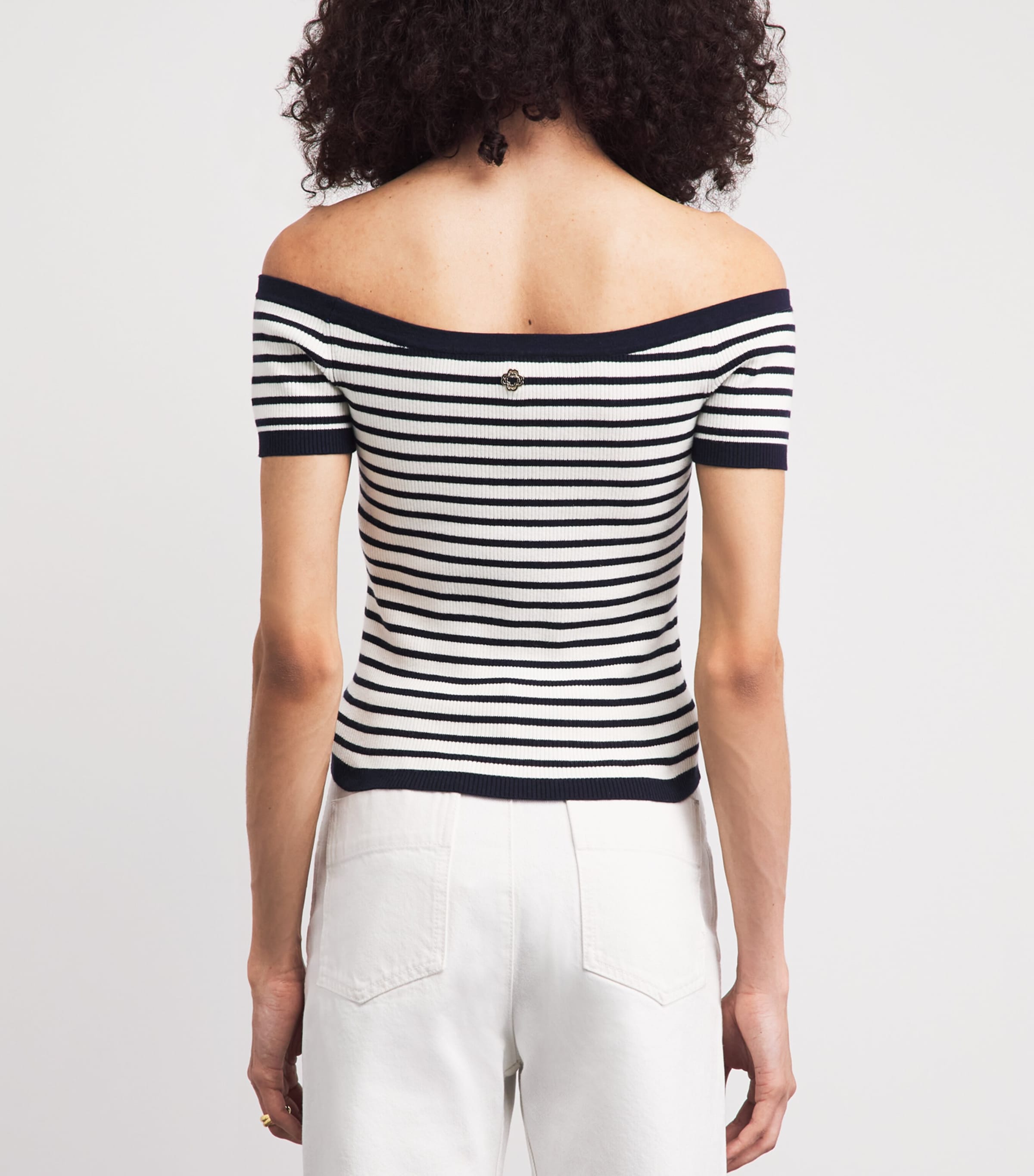 Maje Womens Knitted Off-The-Shoulder Top Navy / Ecru Image 5