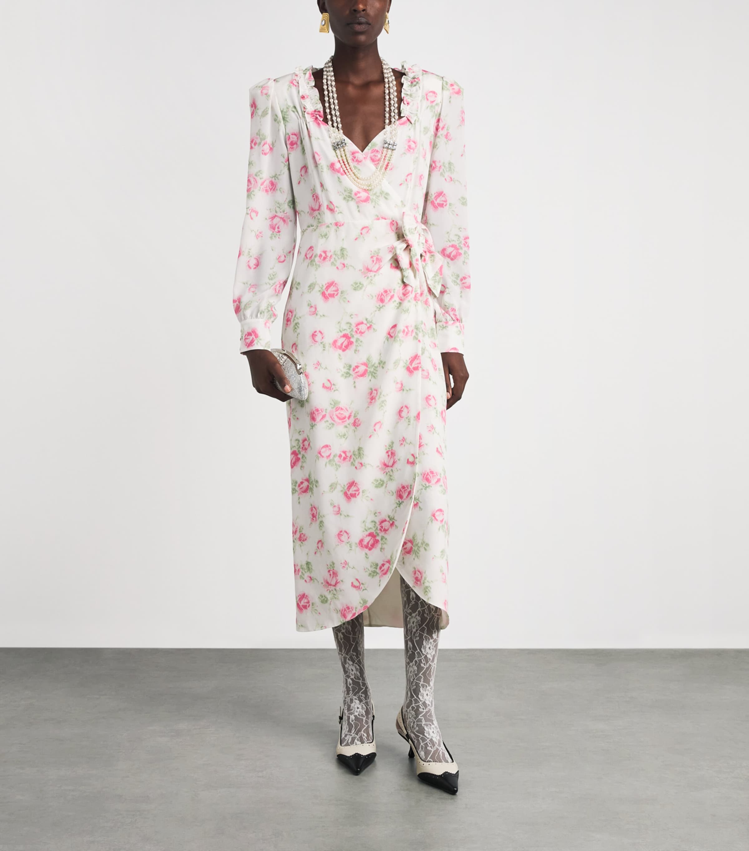 Alessandra Rich Womens Silk Floral Bow-Detail Midi Dress Pink White Image 2
