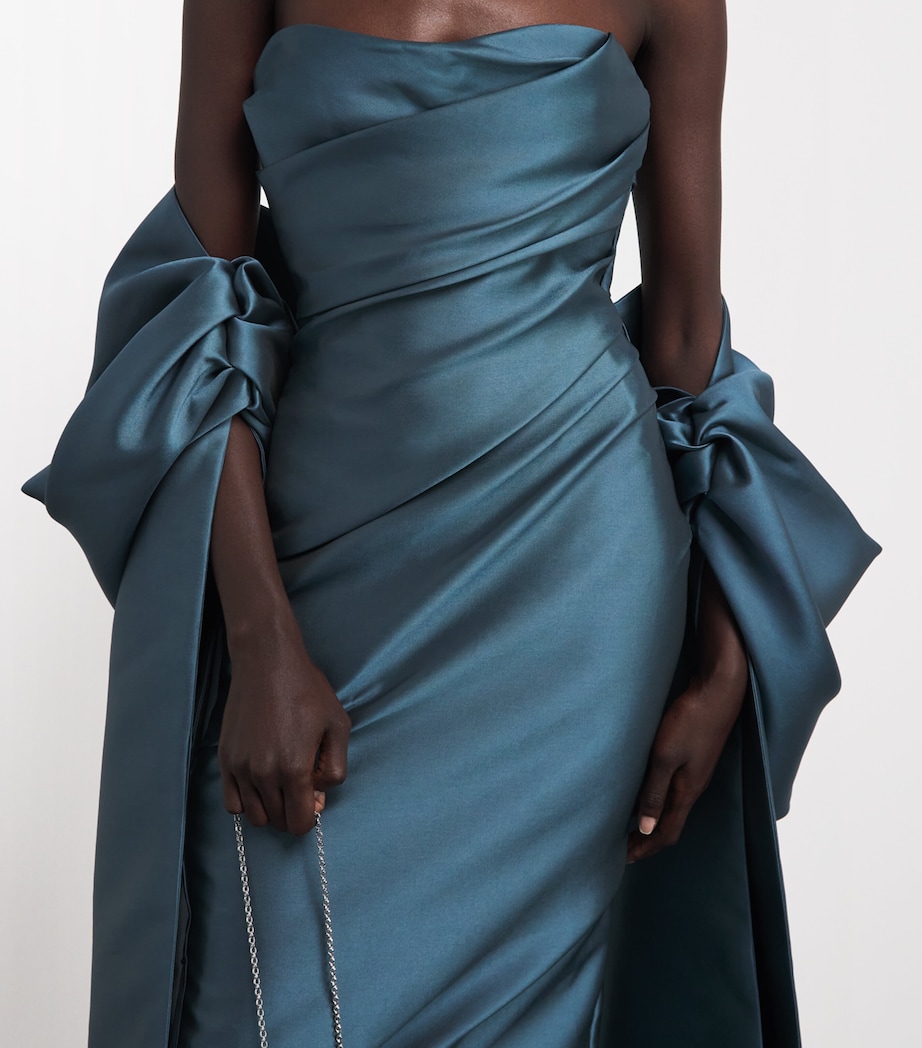 Marmar Halim Womens Satin Cape Column Gown Gray Blue Image 5