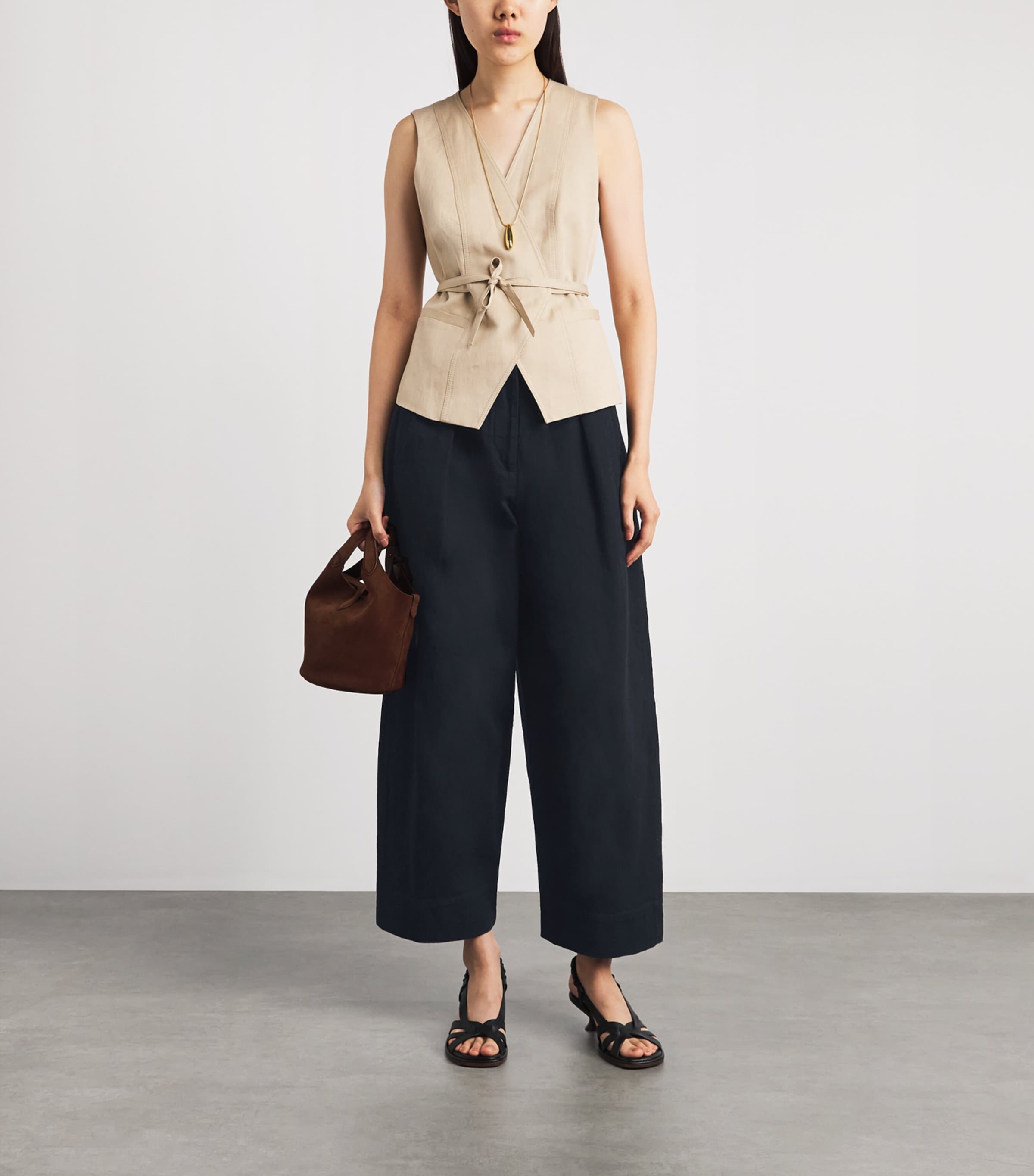 ME+EM Womens Cotton Barrel-Leg Trousers Summer Navy Image 2
