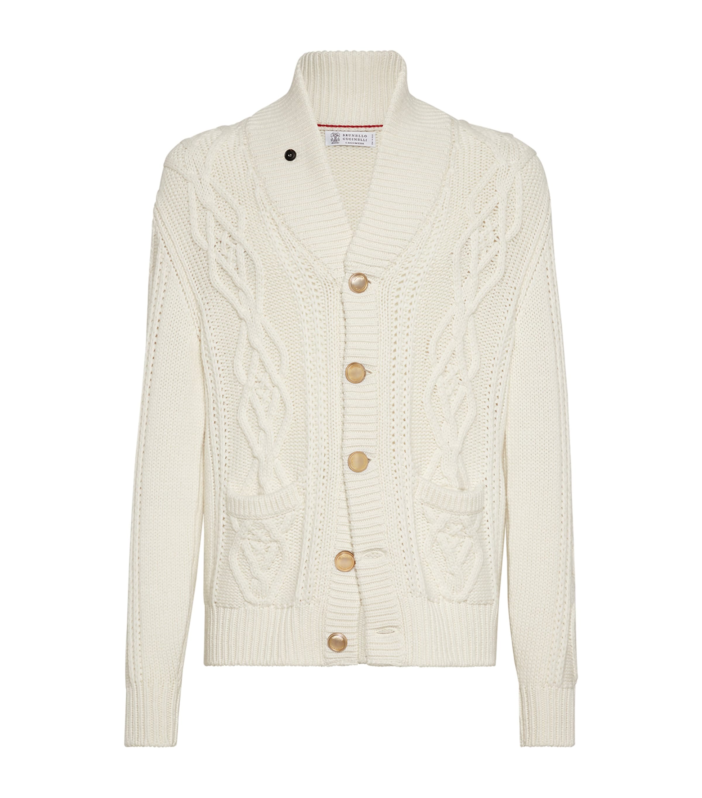 Brunello Cucinelli Cashmere Cardigan With Cable Knit Design In Neutral