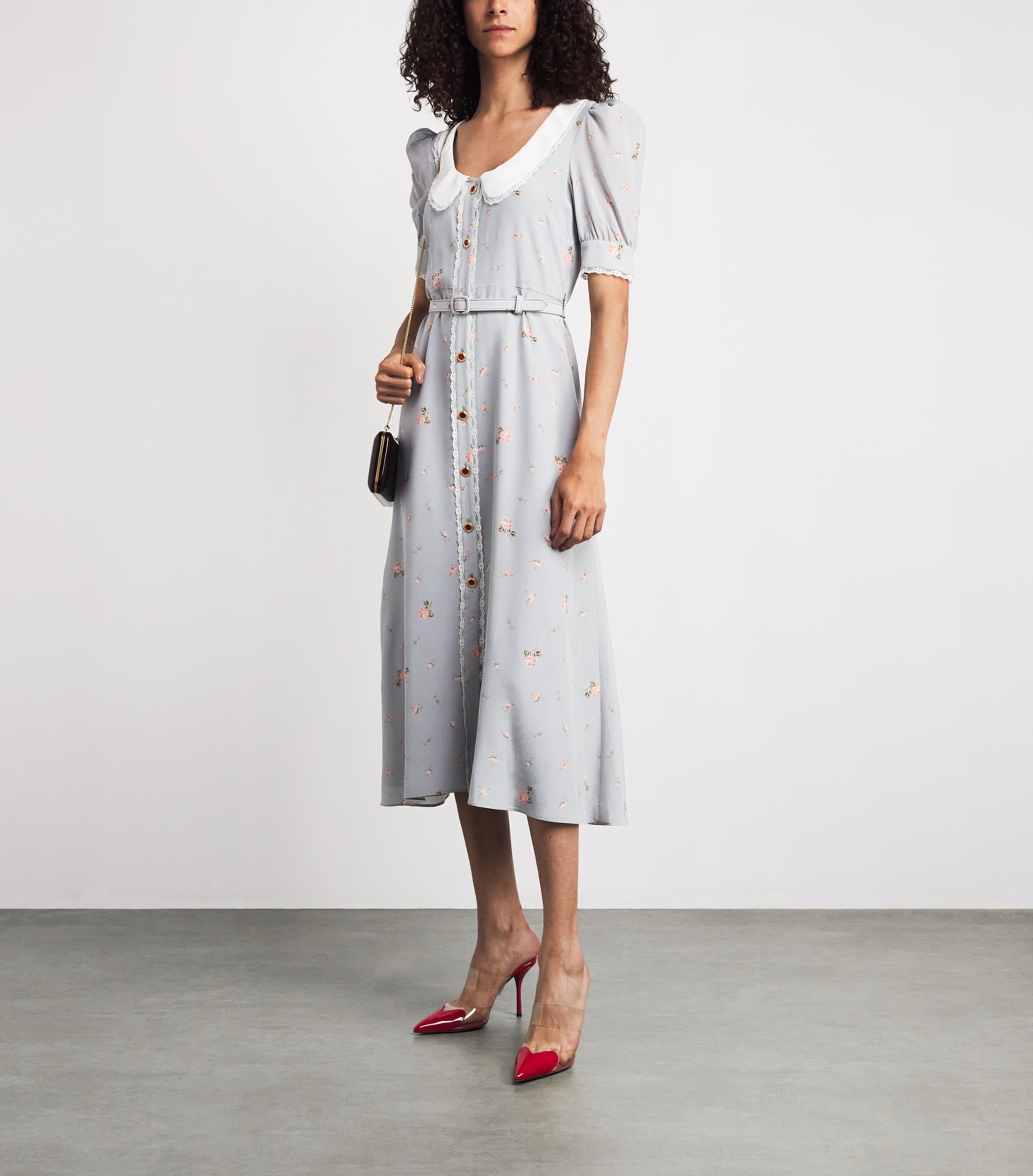 Alessandra Rich Womens Floral Print Belted Midi Dress Pearl Grey Pink Image 2