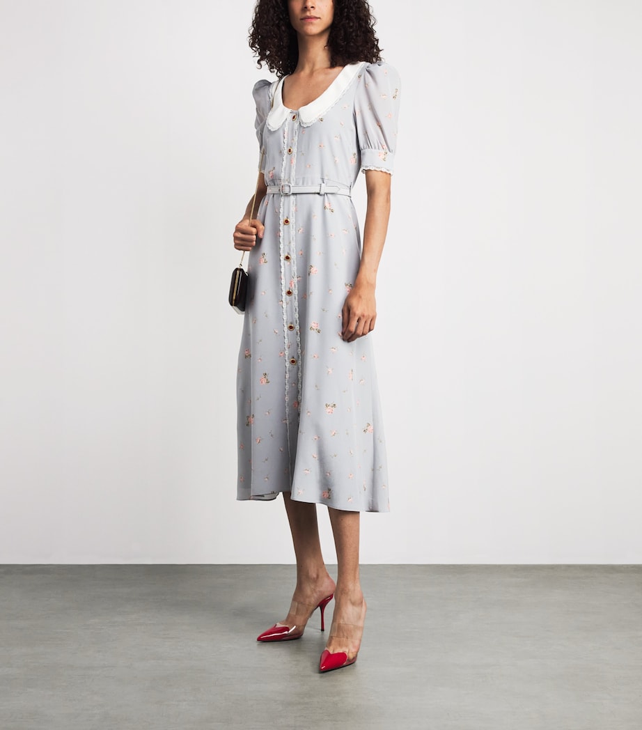 Alessandra Rich Womens Floral Print Belted Midi Dress Pearl Grey Pink Image 2