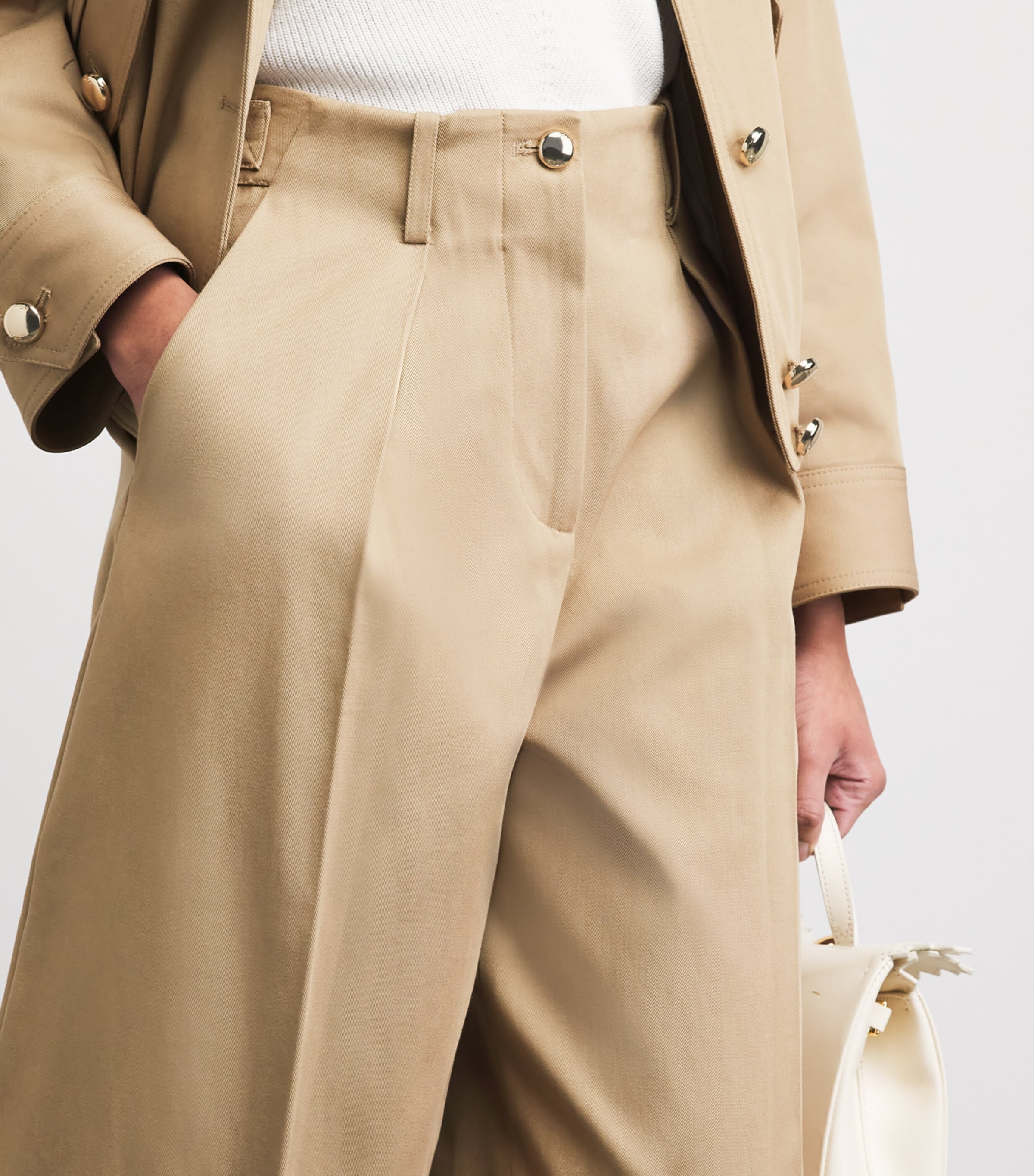 Maje Womens Cotton Pleated Wide-Leg Trousers Mastic Beige Image 3