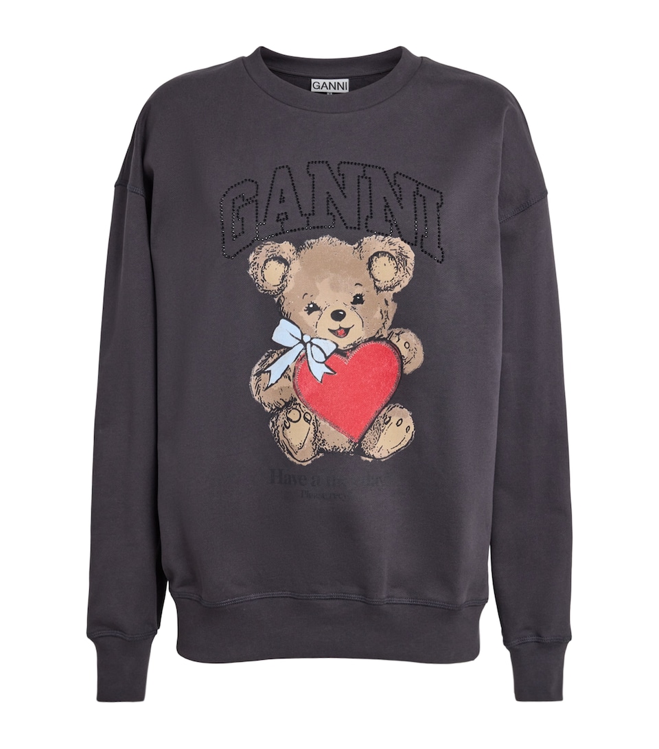 GANNI Organic Cotton Rhinestone Bear Sweatshirt Phantom