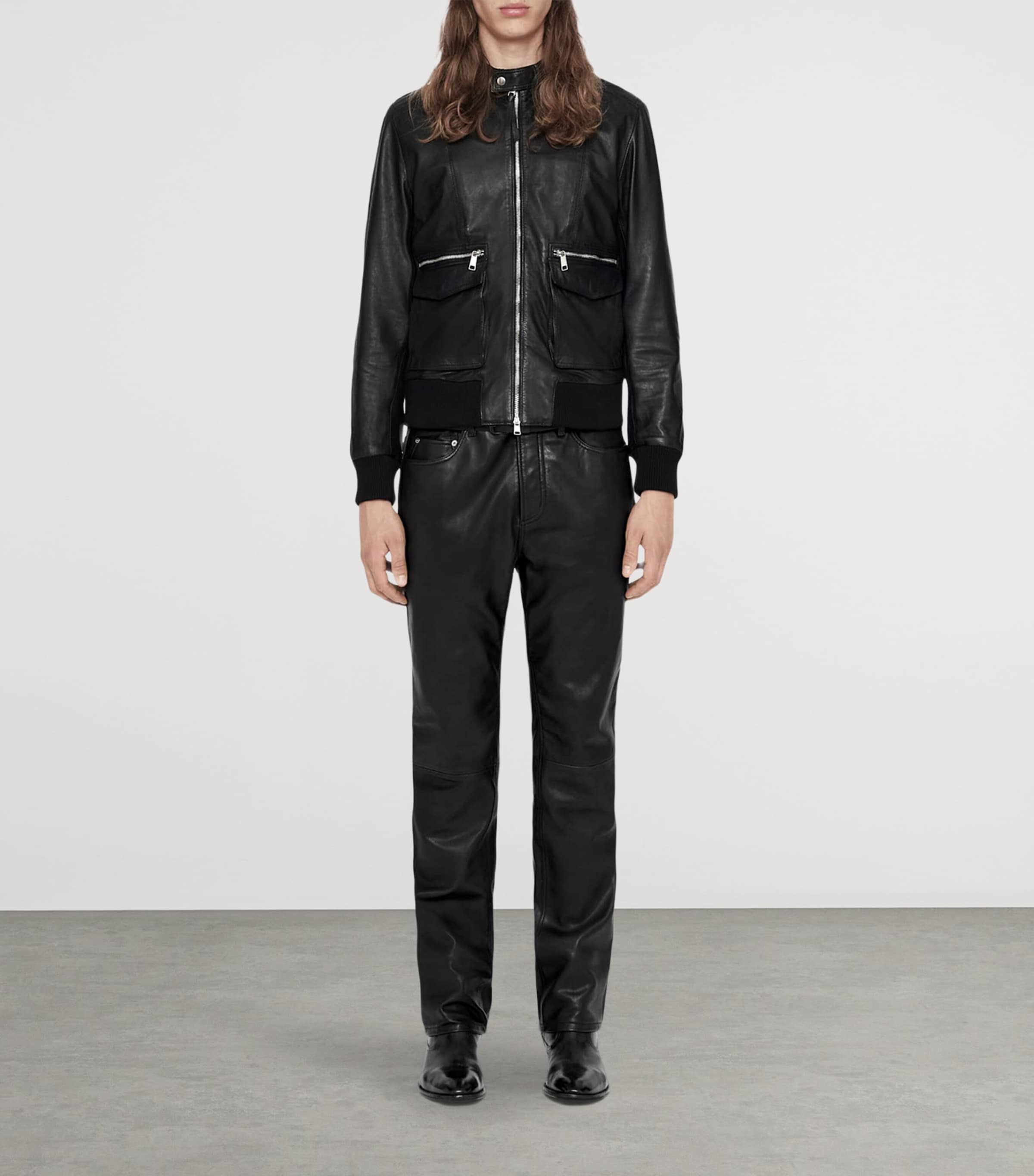 AllSaints Mens Leather Hiro Bomber Jacket Black Image 2