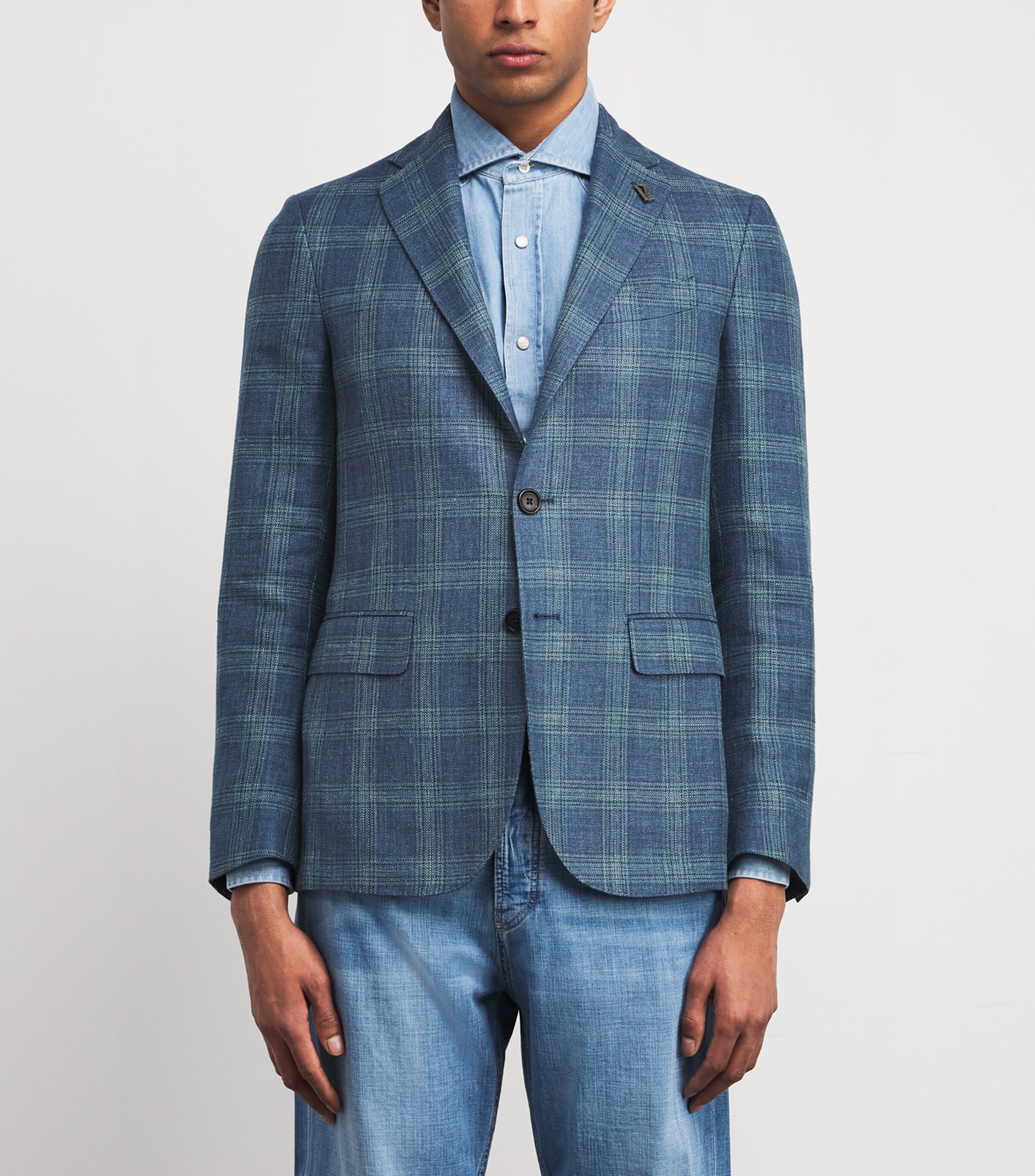Silk-Linen-Wool Check Blazer 12 BLUE Image 3