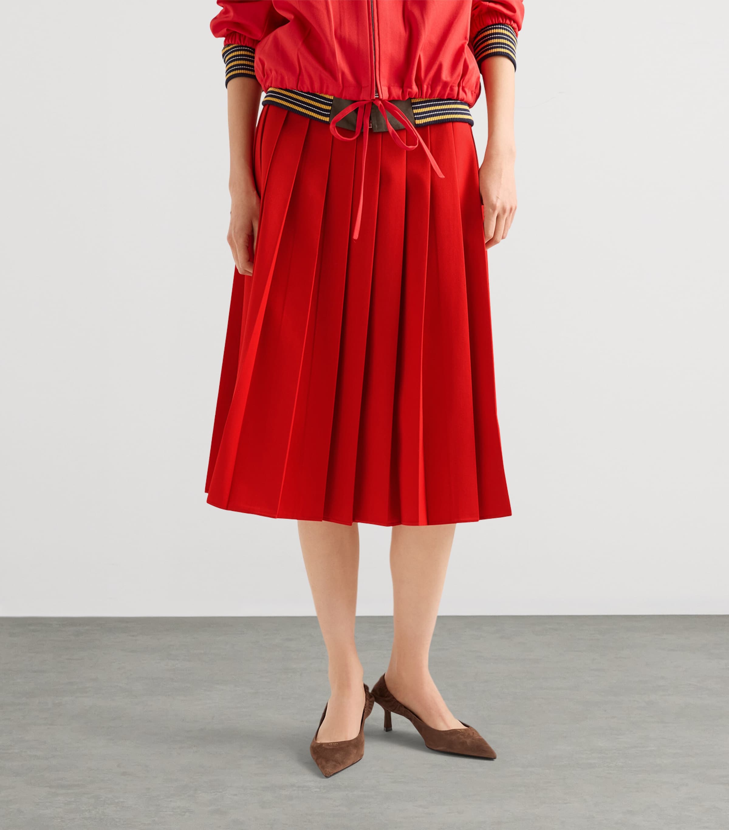 Prada Womens Gabardine Pleated Midi Skirt Red Image 3