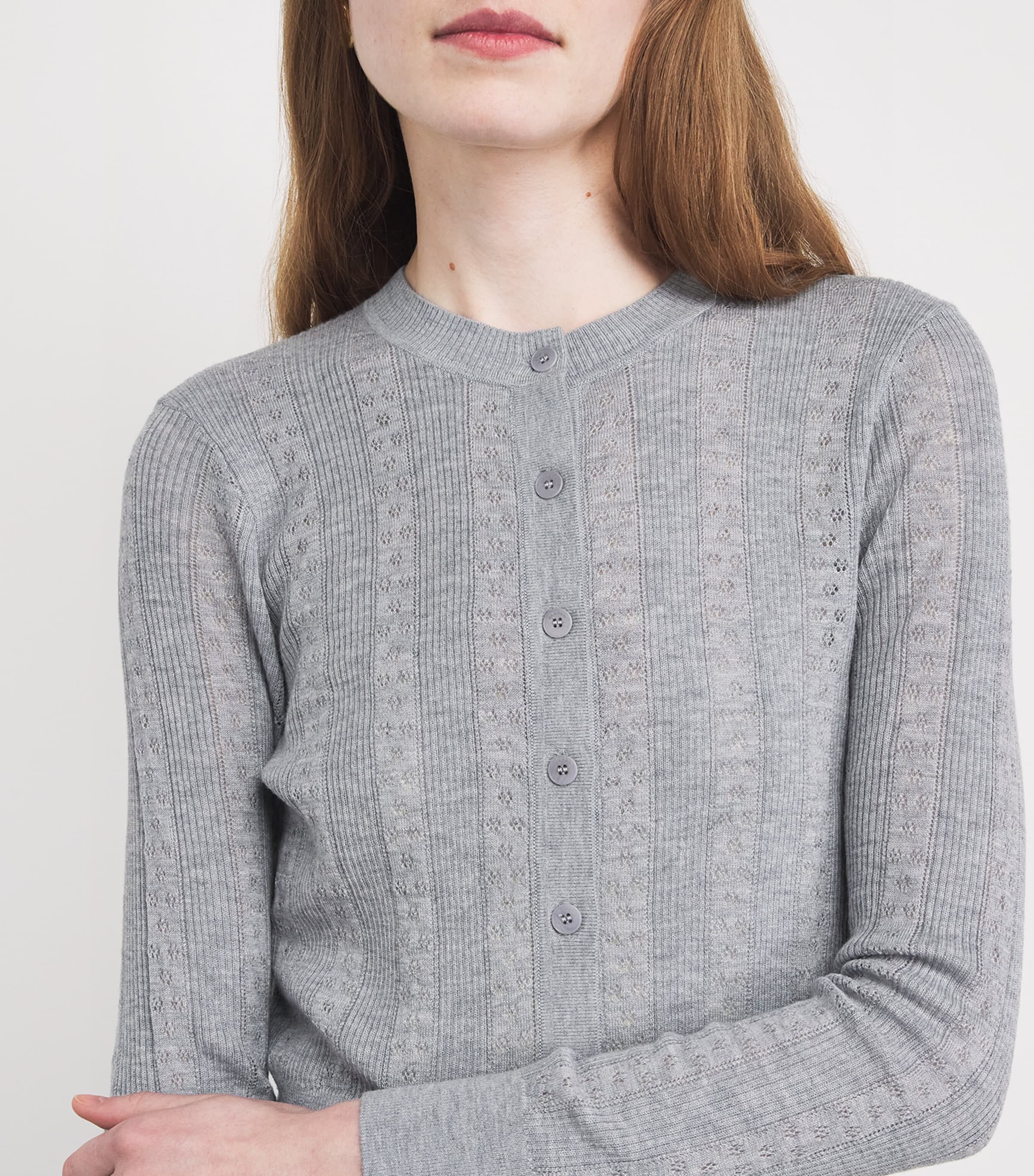 Sandro Paris Womens Wool Pointelle-Knit Cardigan Grey Image 3