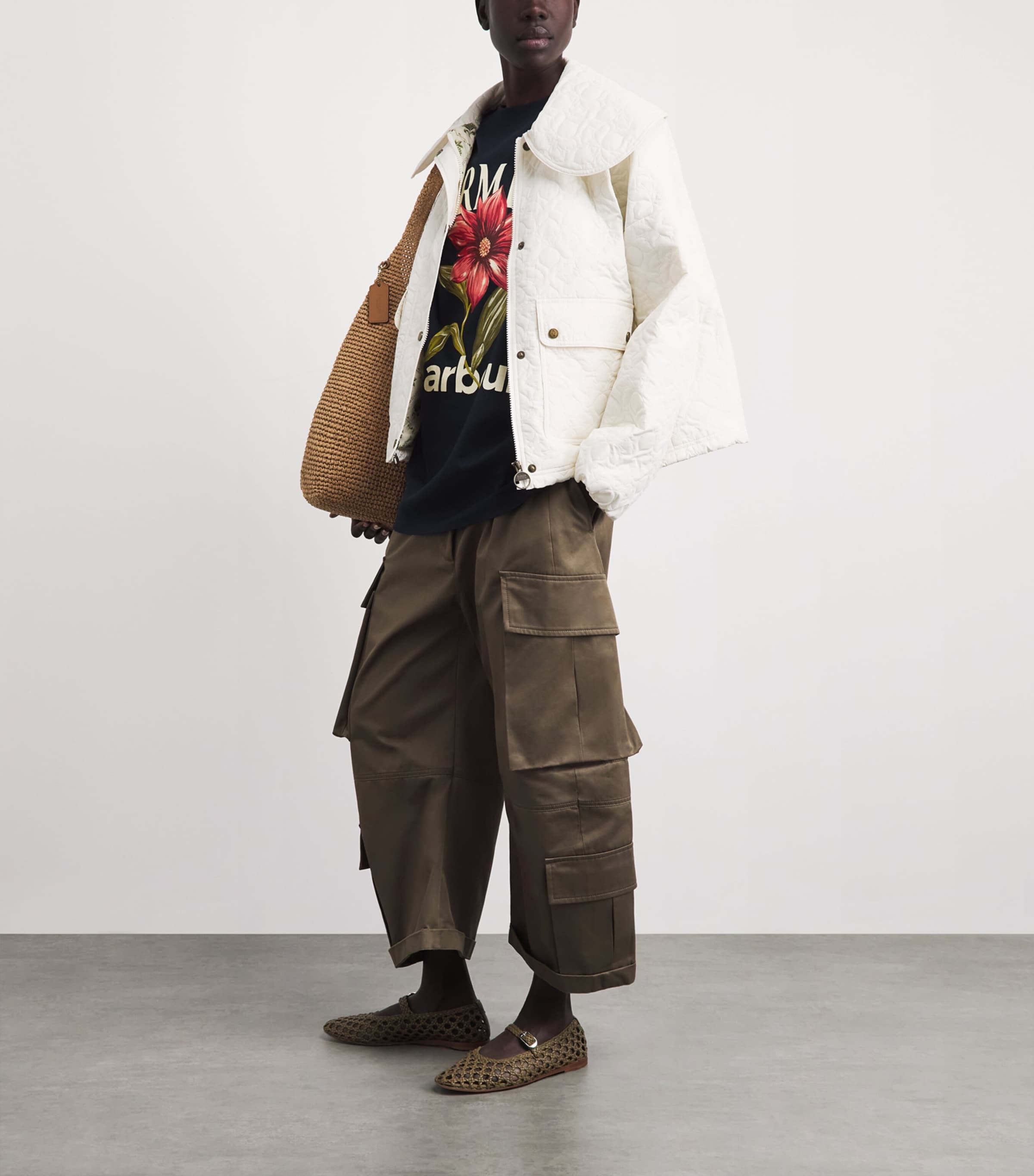 Barbour Womens x Farm Rio Quilted Floral-Patch Jacket White Rose Image 2