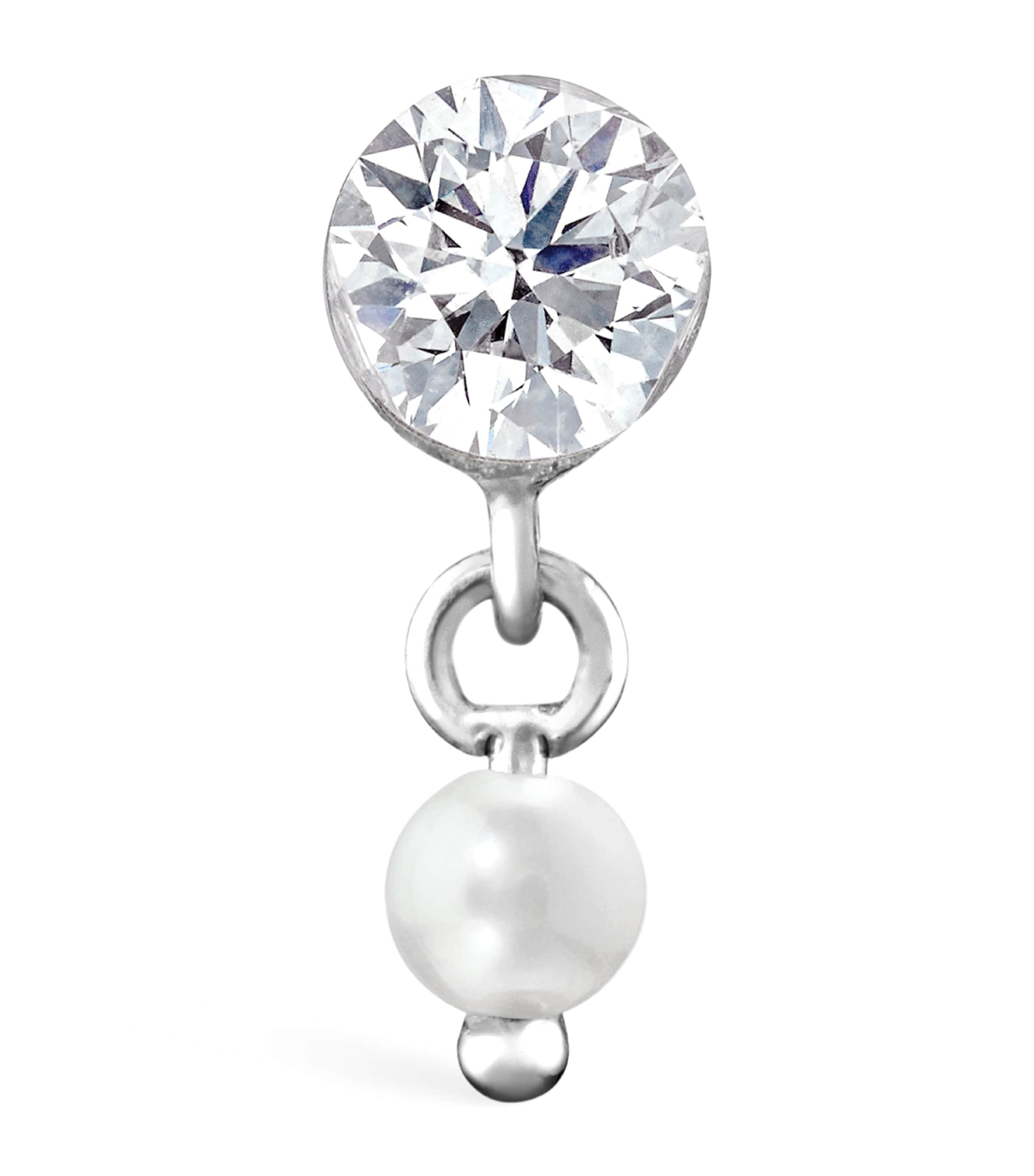 Maria Tash Invisible Set Diamond and Pearl Dangle Threaded Stud Earring (3mm / 2mm) White Gold Image 2