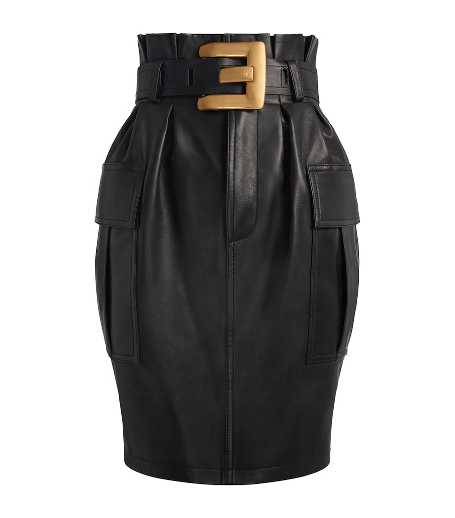 Balmain Womens Lambskin Belted Midi Skirt Noir Image 1