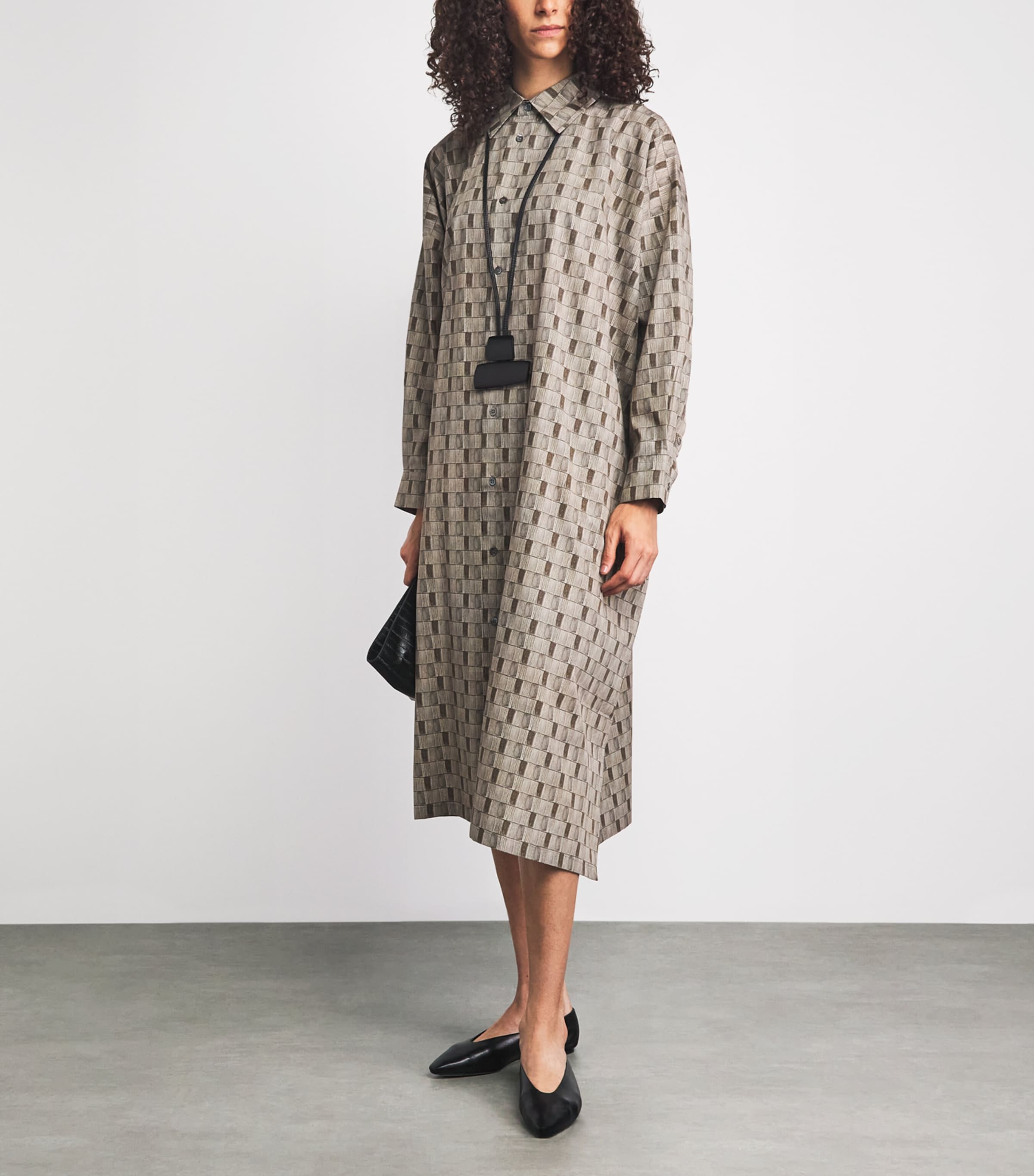 Eskandar Womens Geometric Print Midi Shirt Dress Olive Image 2