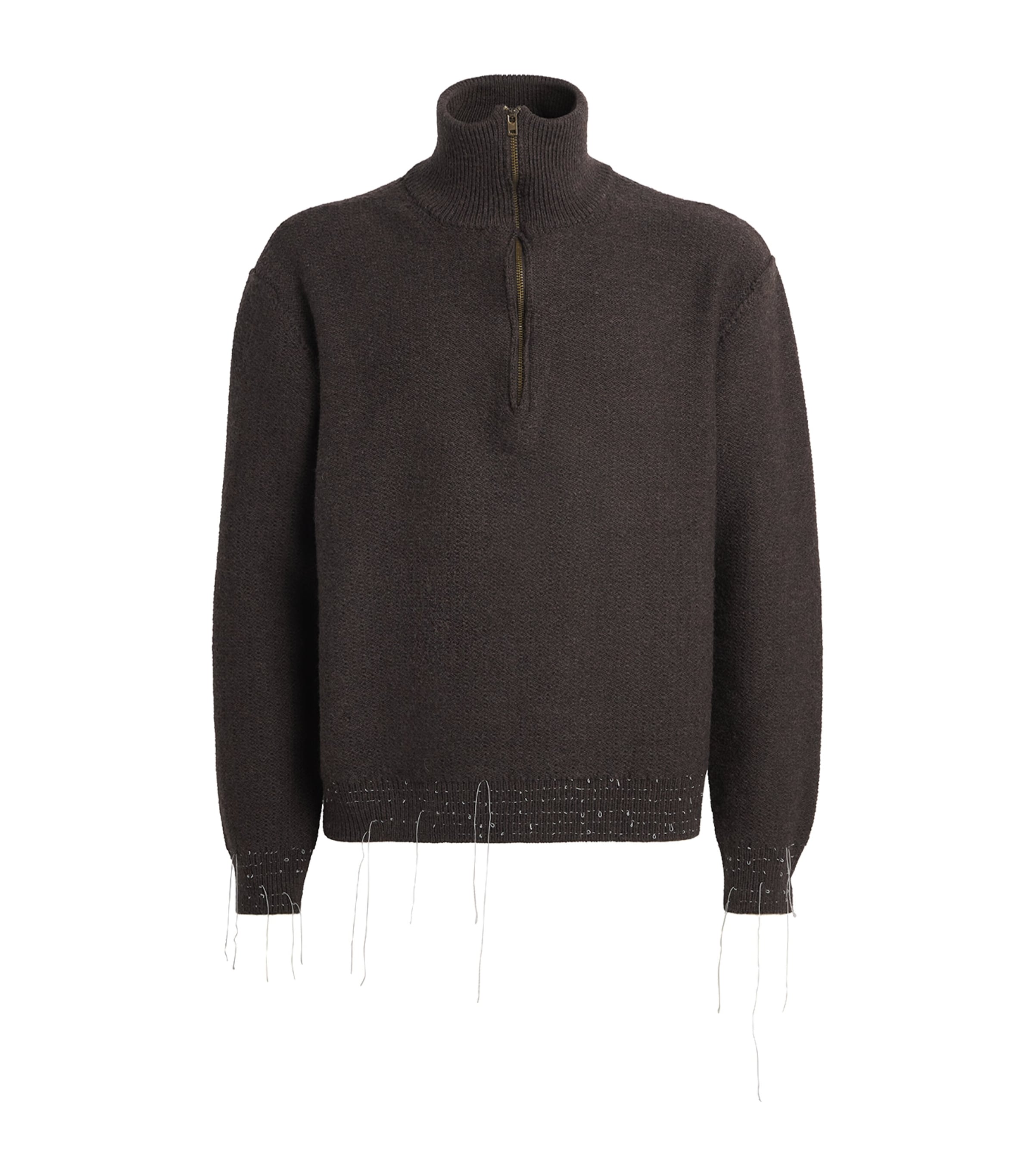 Maison Margiela Mens Wool-Blend Distressed Quarter-Zip Sweater Brown Image 1