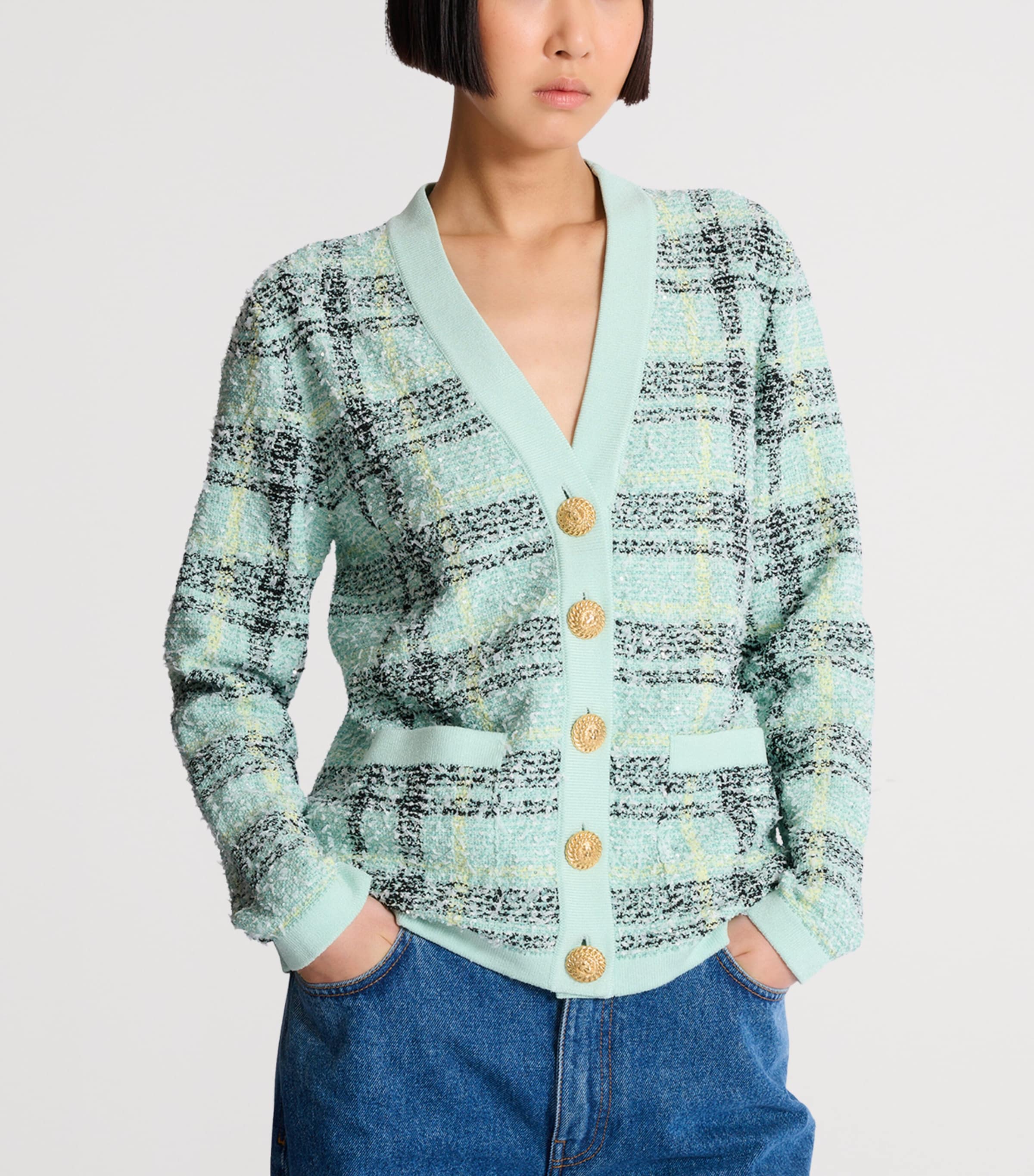Tweed Sequin Cardigan ULM VERT/JAUNE/NOIR Image 4