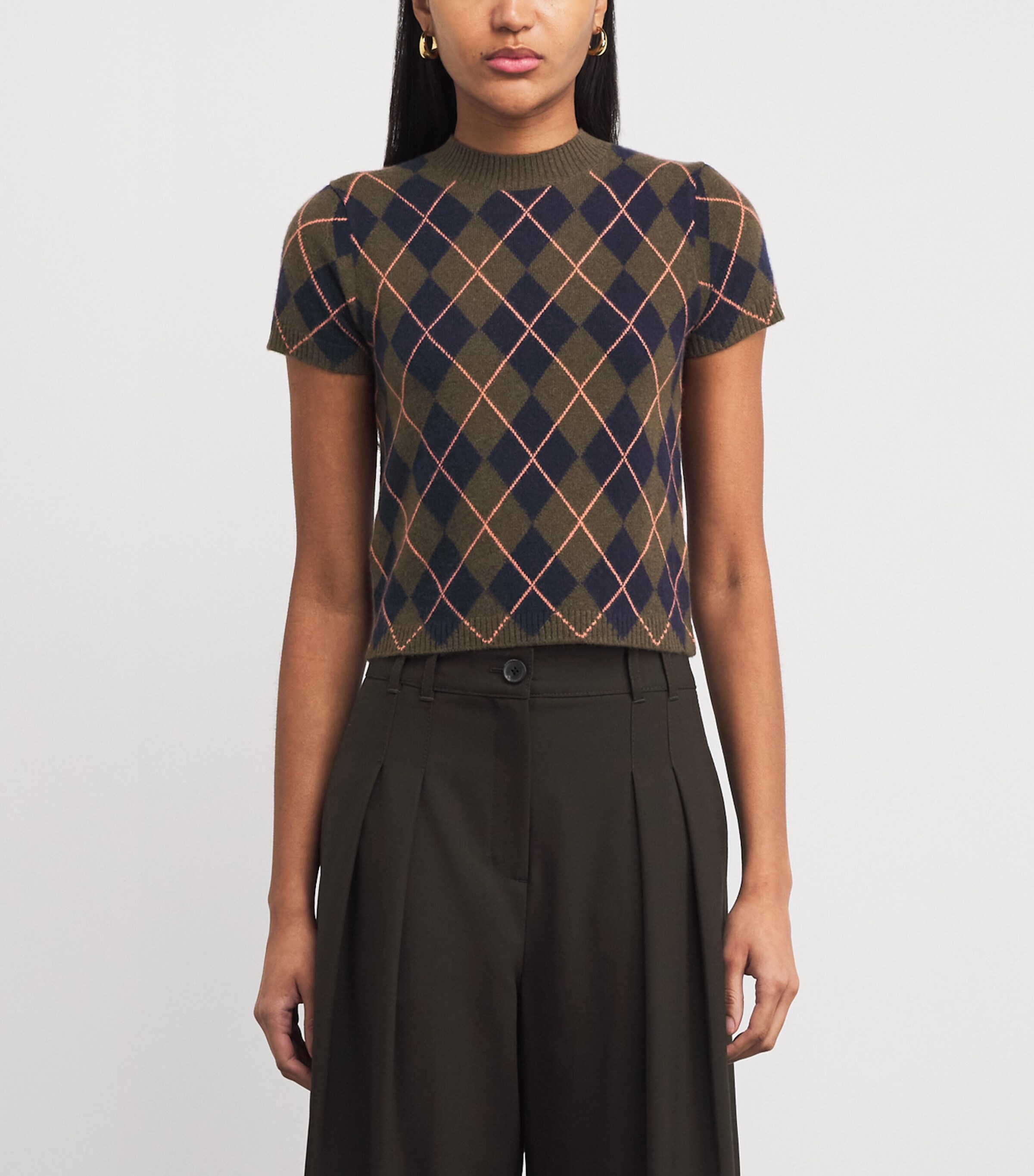 ME+EM Green Cashmere Argyle Short-Sleeve Sweater | Harrods US