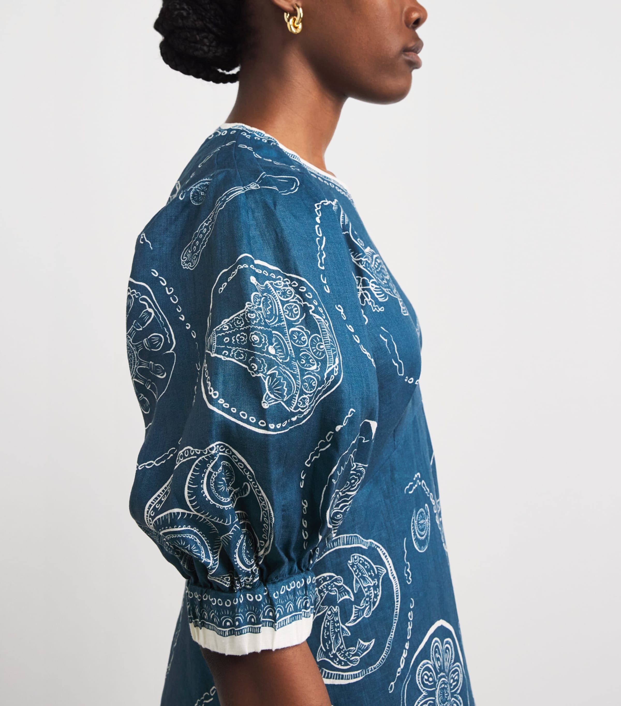 ALEMAIS Womens Linen Printed Lucky Midi Dress Blue Image 5