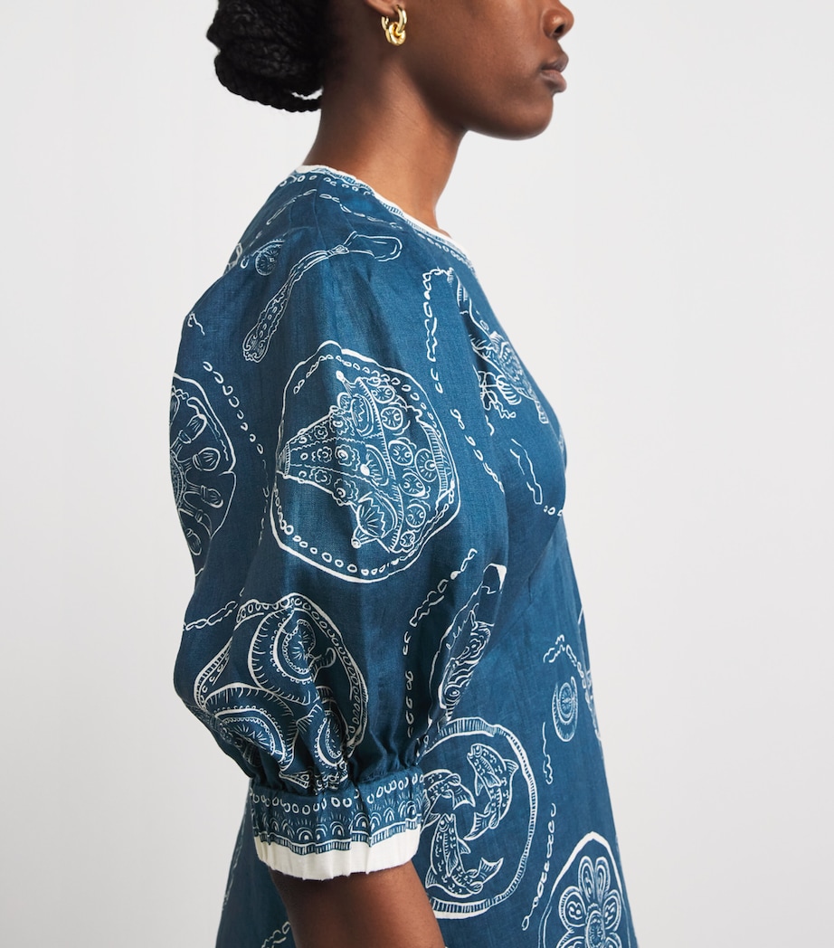 ALEMAIS Womens Linen Printed Lucky Midi Dress Blue Image 5