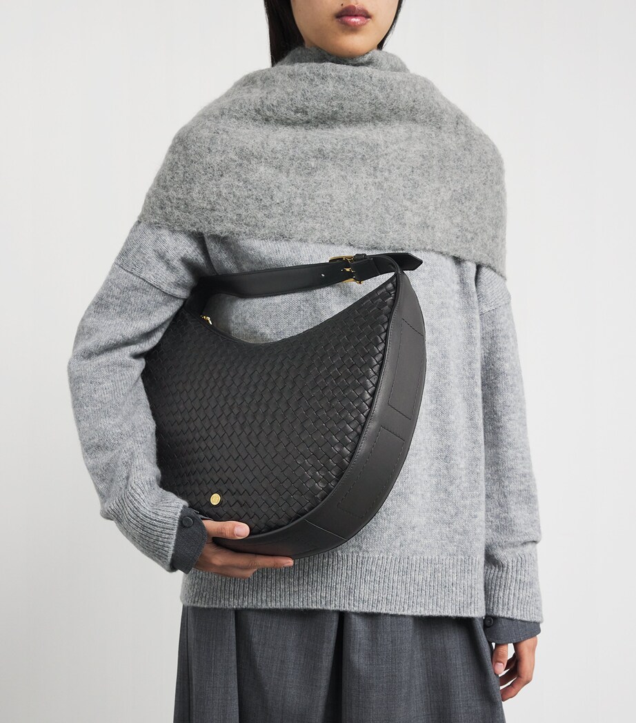 Large Leather Woven Crescent Shoulder Bag BLACK Image 5