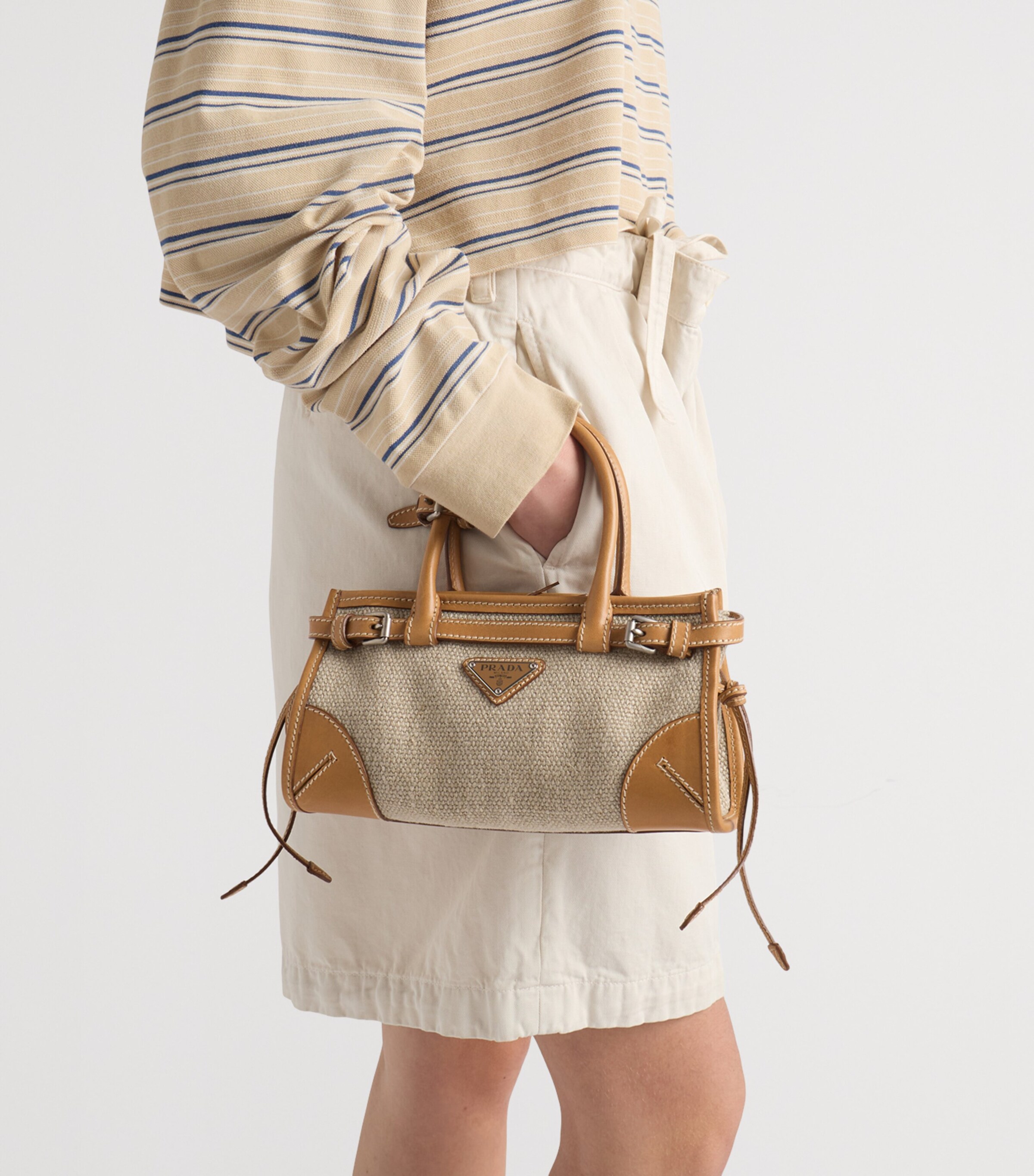 Prada Small Linen-Leather Bonnie Top-Handle Bag Neutral Image 9