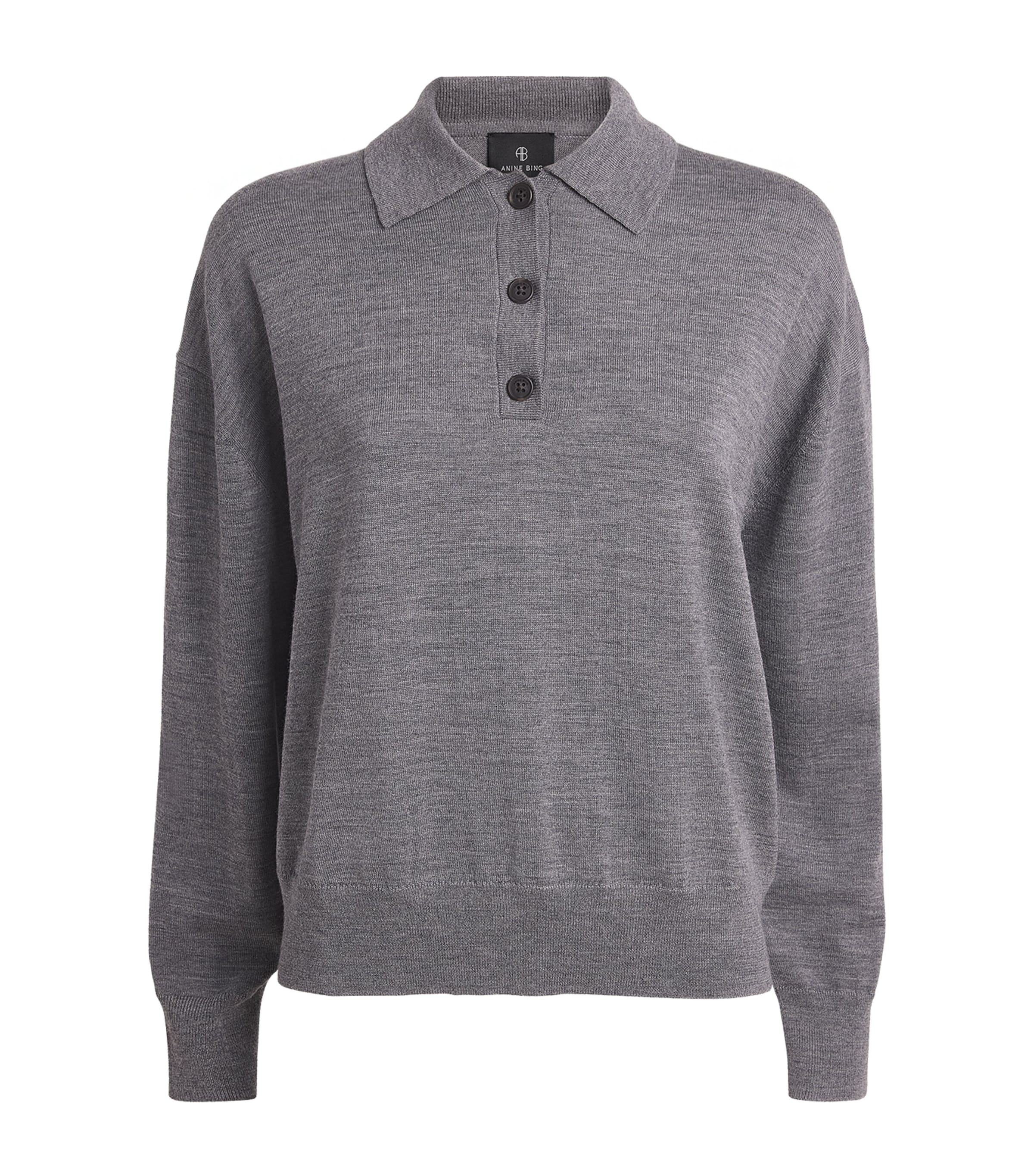 ANINE BING Womens Wool-Cashmere Lee Polo Sweater Medium Heather Grey Image 1