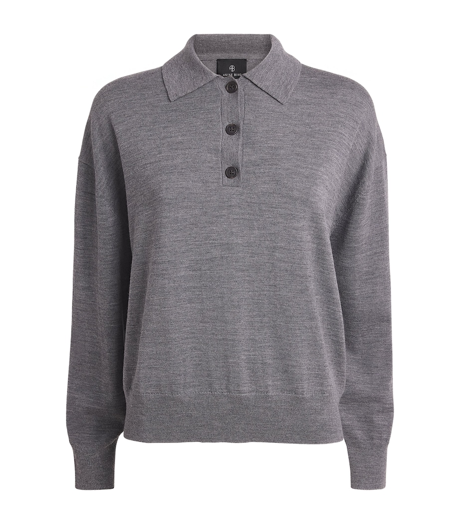ANINE BING Womens Wool-Cashmere Lee Polo Sweater Medium Heather Grey Image 1