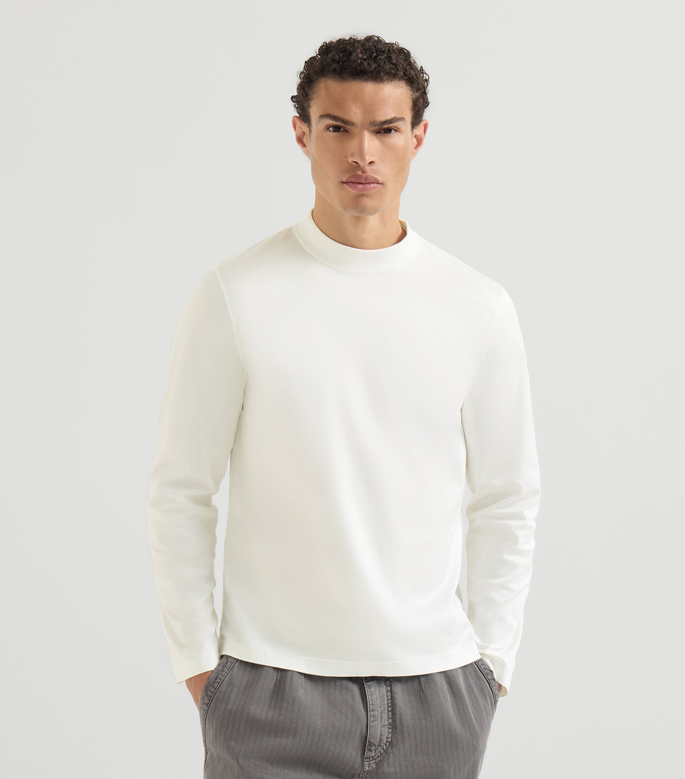 Brunello Cucinelli Mens Cotton High-Neck Long-Sleeve T-Shirt White Image 4