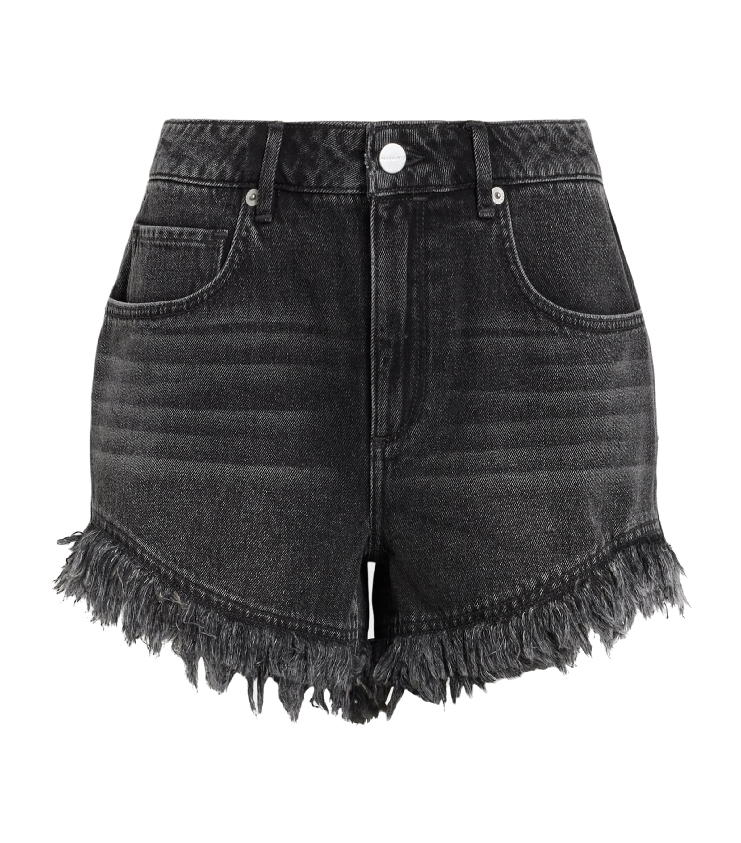 Allsaints Womens Washed Black Astrid High-rise Frayed-hem Denim Shorts In Black