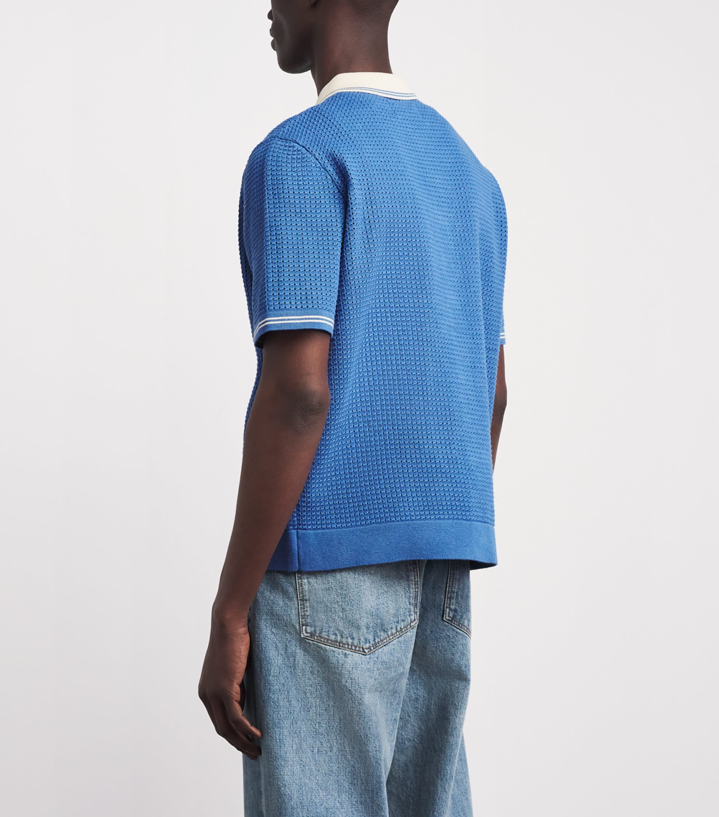 Wax London Mens Linen-Blend Belle Polo Shirt Blue / Ecru Image 5