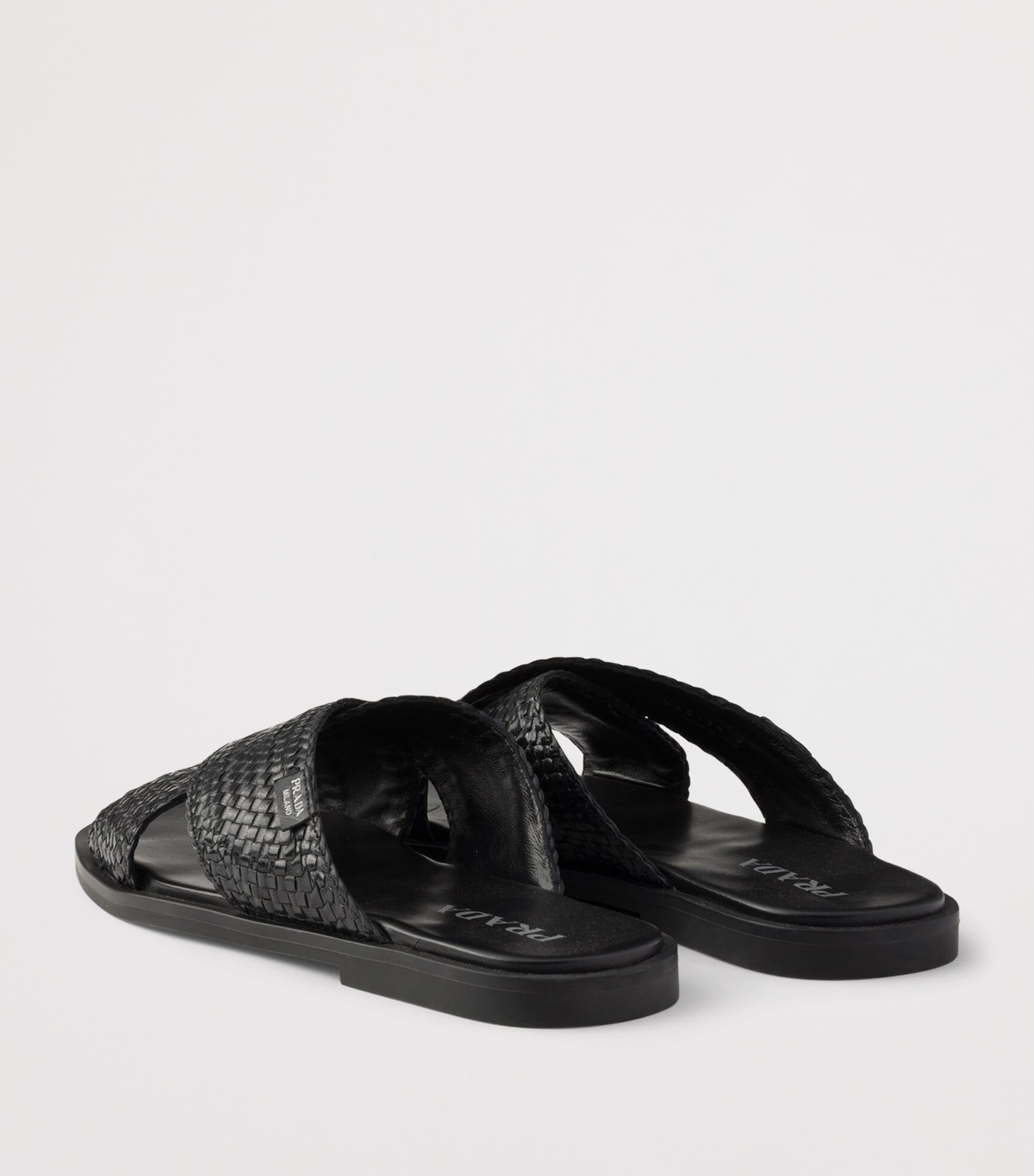 Prada Black Leather Woven Crisscross Sandals | Harrods UK
