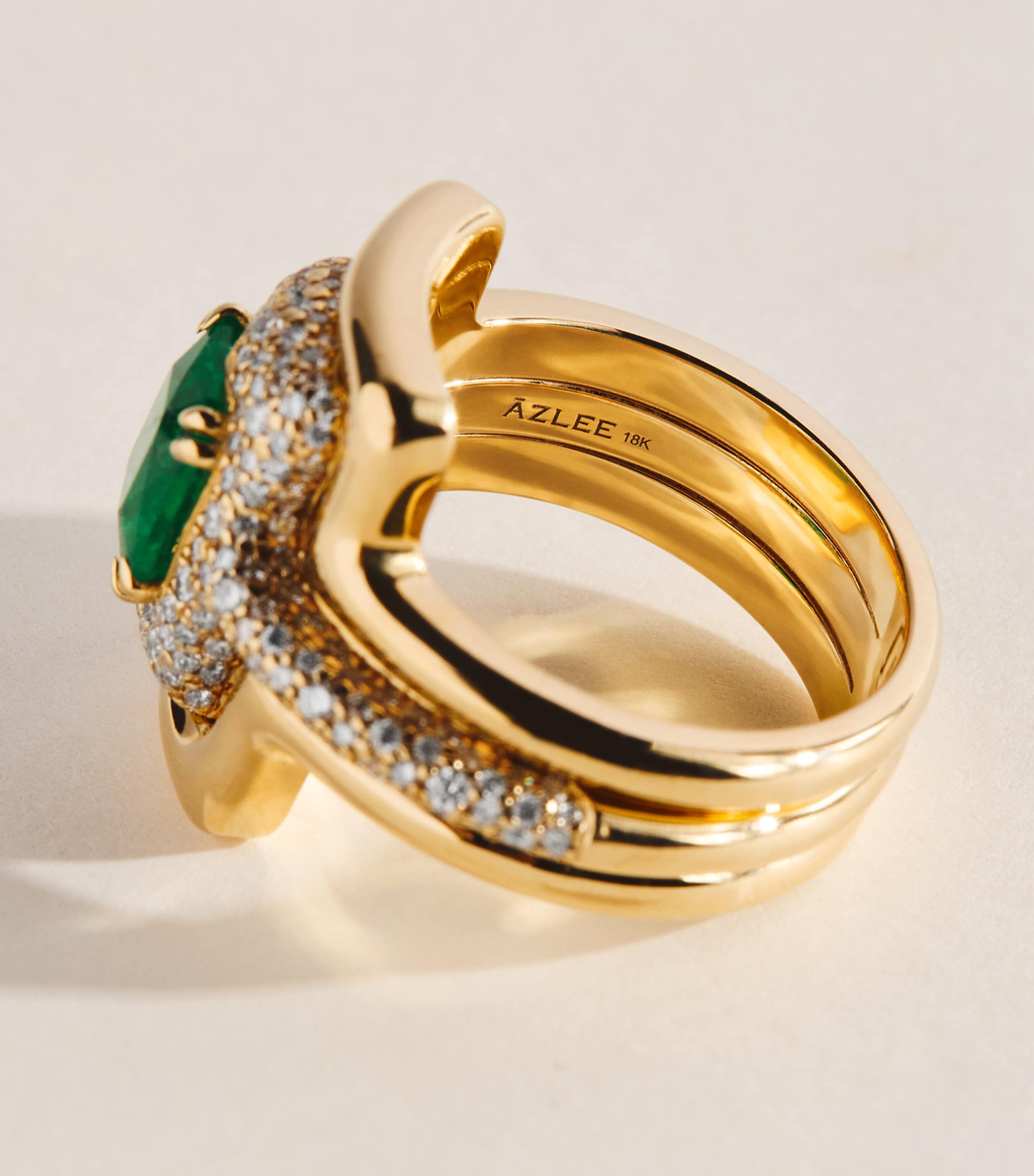 Azlee x Gemfields Yellow Gold, Pavé Diamond and Emerald Origins Contour Ring Yellow Gold Image 5