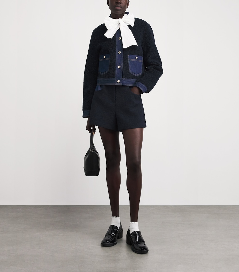 Maje Womens Bouclé Denim-Trim Jacket Navy Image 2